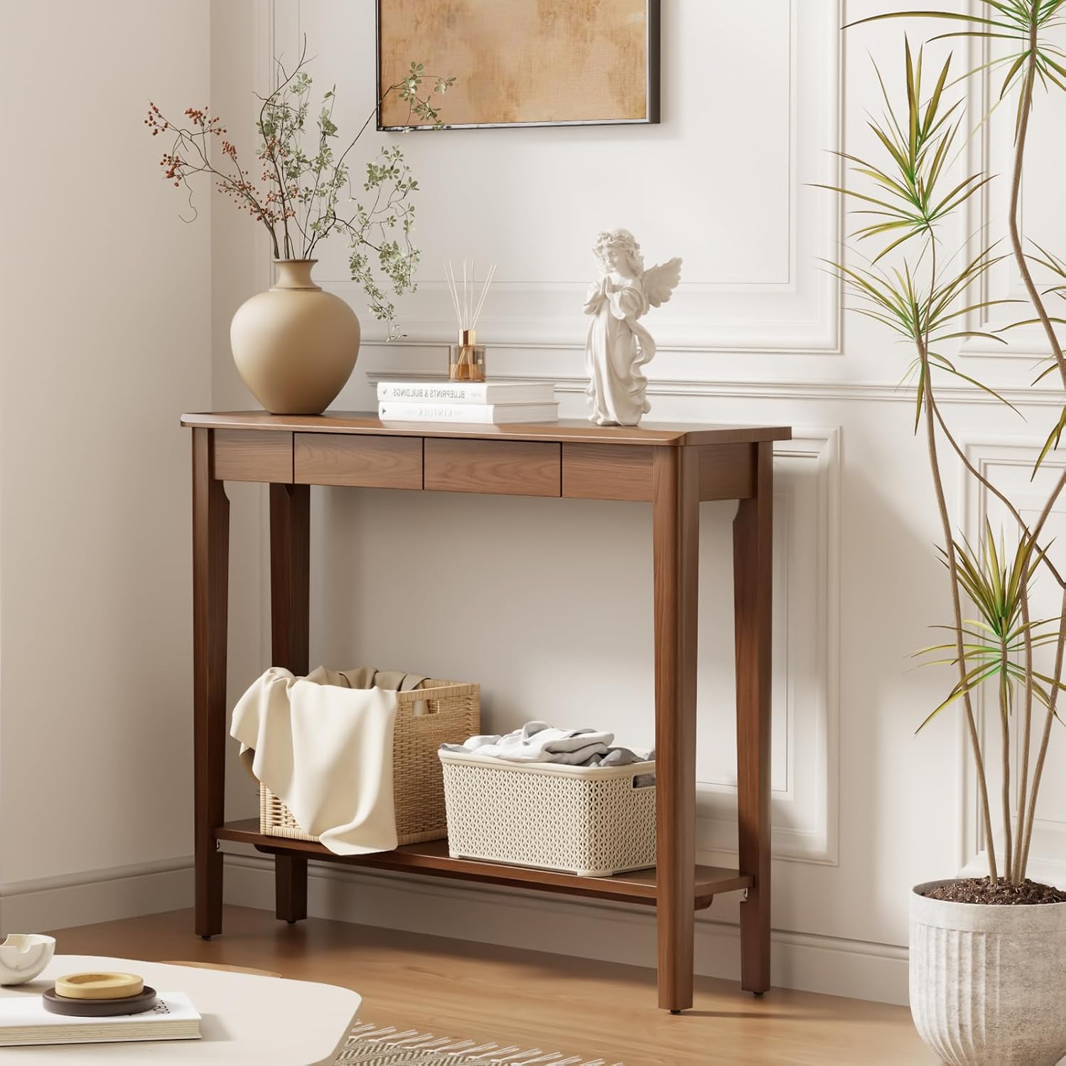 AQIMUELE Wood Console Table with Drawers, Mid Century Modern Console Table Walnut for Entryway, Living Room, Hall Way.