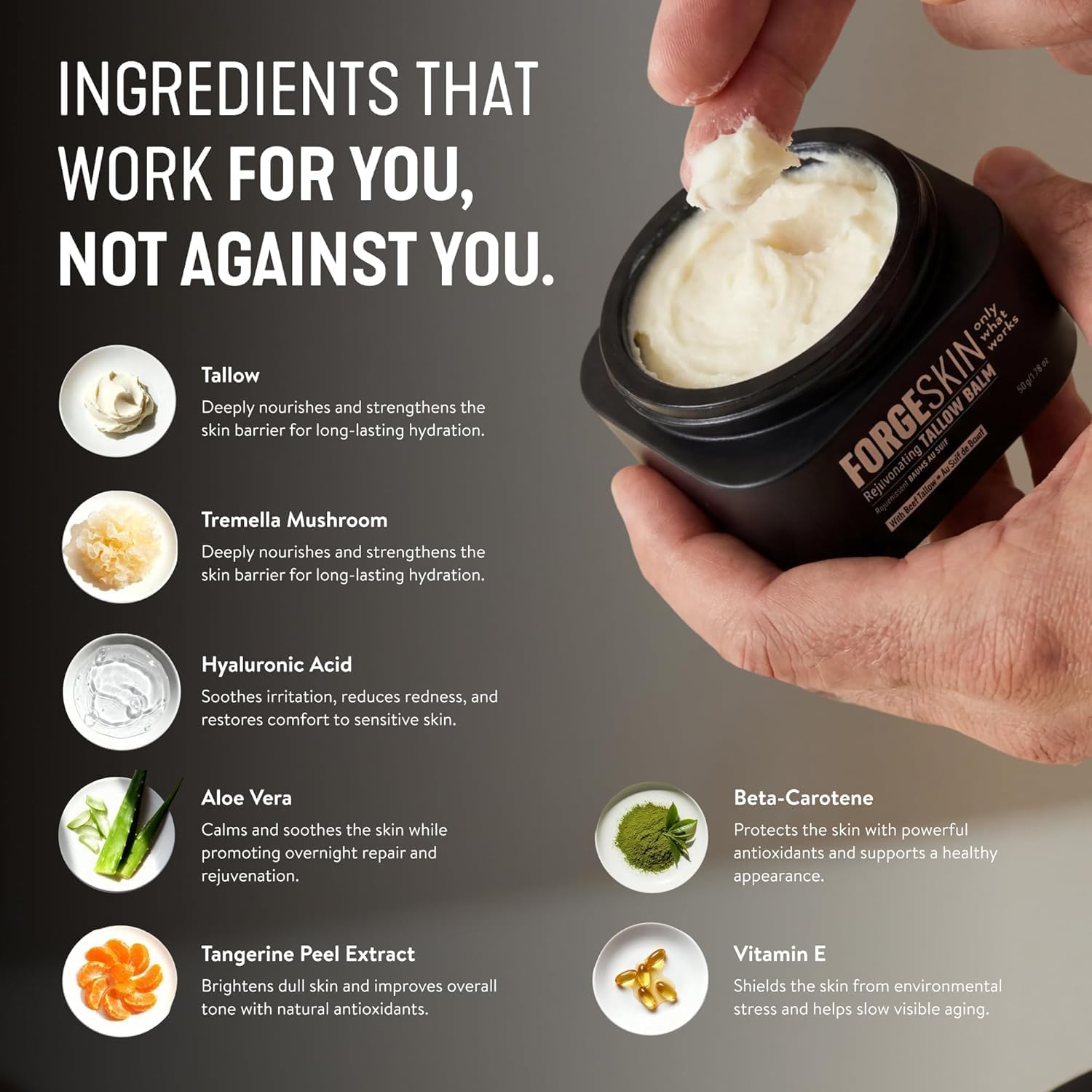 FORGE SKIN Wrinkle Defense - Bálsamo de sebo de res para hombres, hidratante facial, crema antienvejecimiento para la piel, loción natural para el cuidado facial con aceites esenciales, 50 ml