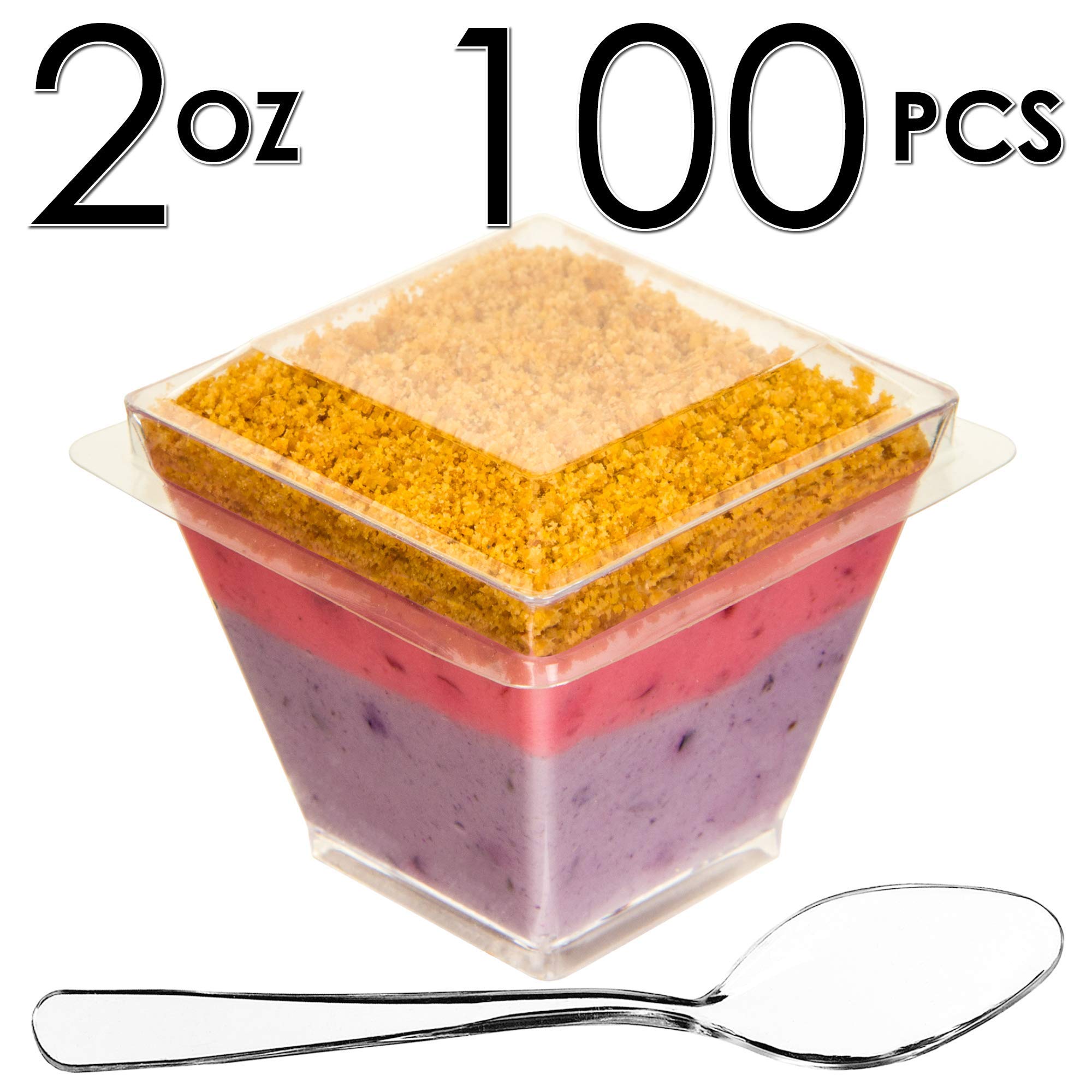 DLux 100 szt. mini kubków deserowych 59 ml z łyżeczkami i pokrywkami, kwadratowe, przezroczyste tworzywo sztuczne, idealne na przystawki, mała miska do serwowania deserów, przystawek, w zestawie