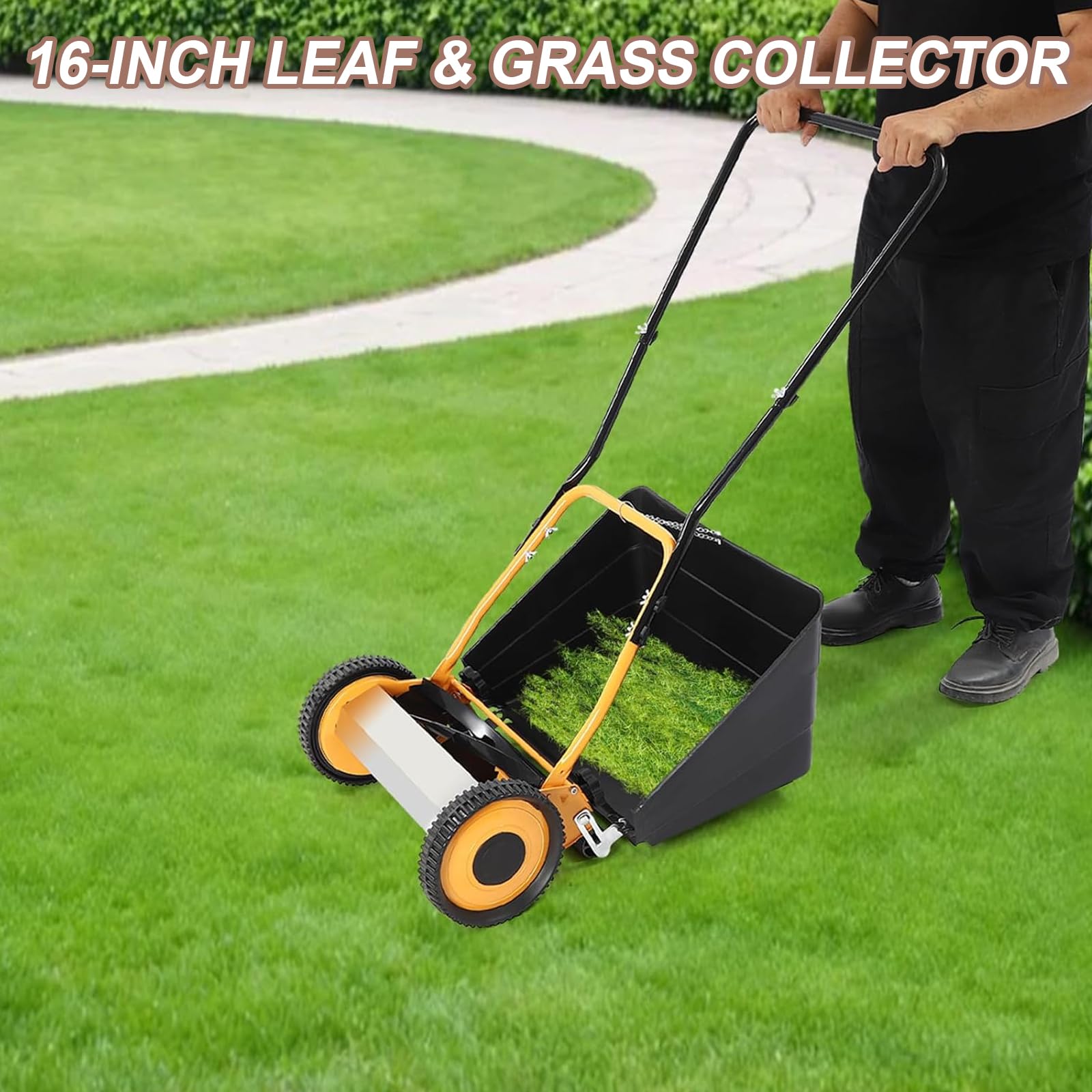 Cortacésped manual de 16 pulgadas, cortador de césped 2 en 1 con bolsa de pajita, altura de corte ajustable, ideal para patios pequeños y jardines