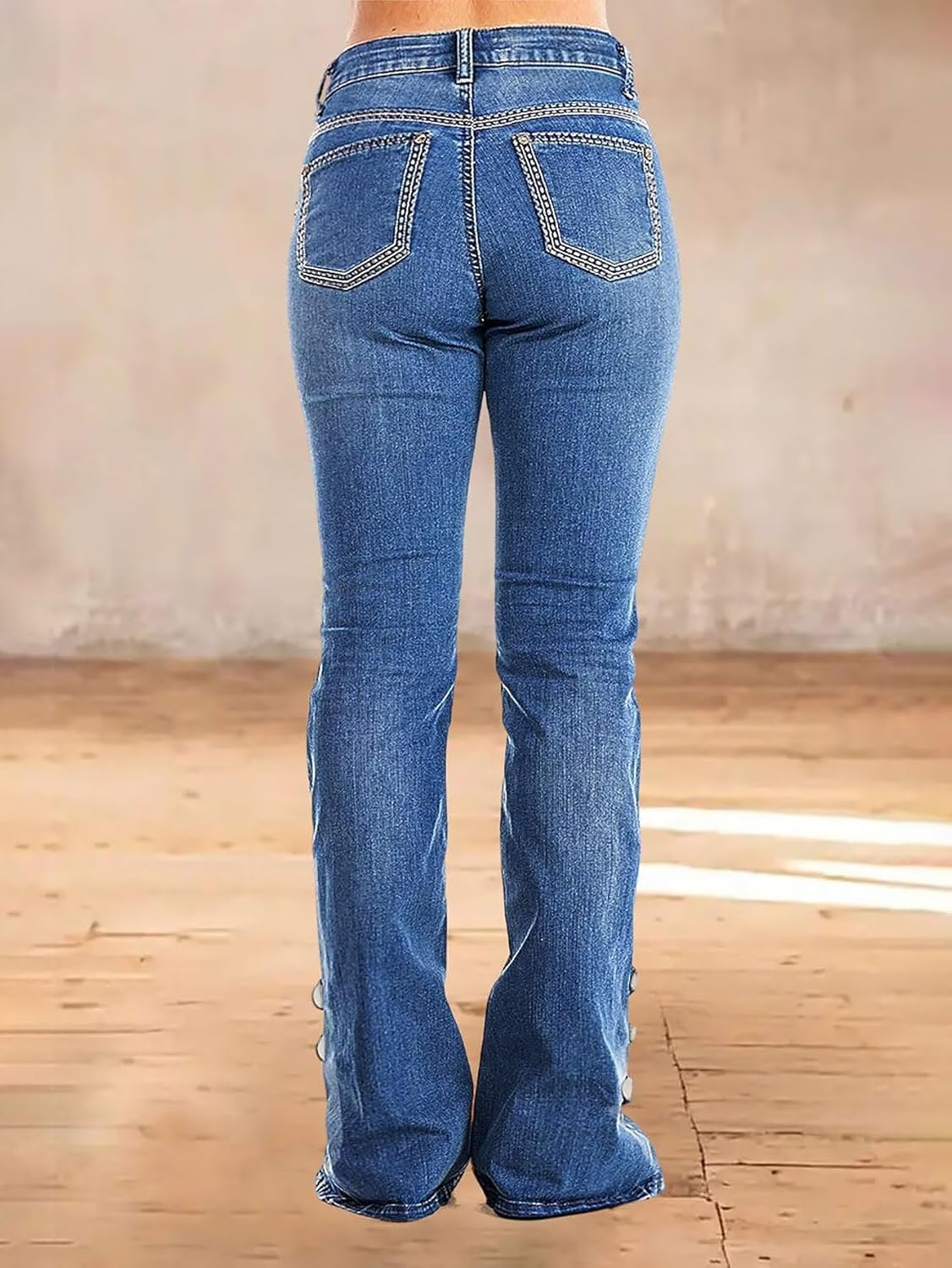 Flamingals Women's Bootcut Jeans Low Waist Vintage Casual Ripped Button Split Hem Stretchy Boot Cut Flare Denim Jeans - Image 3