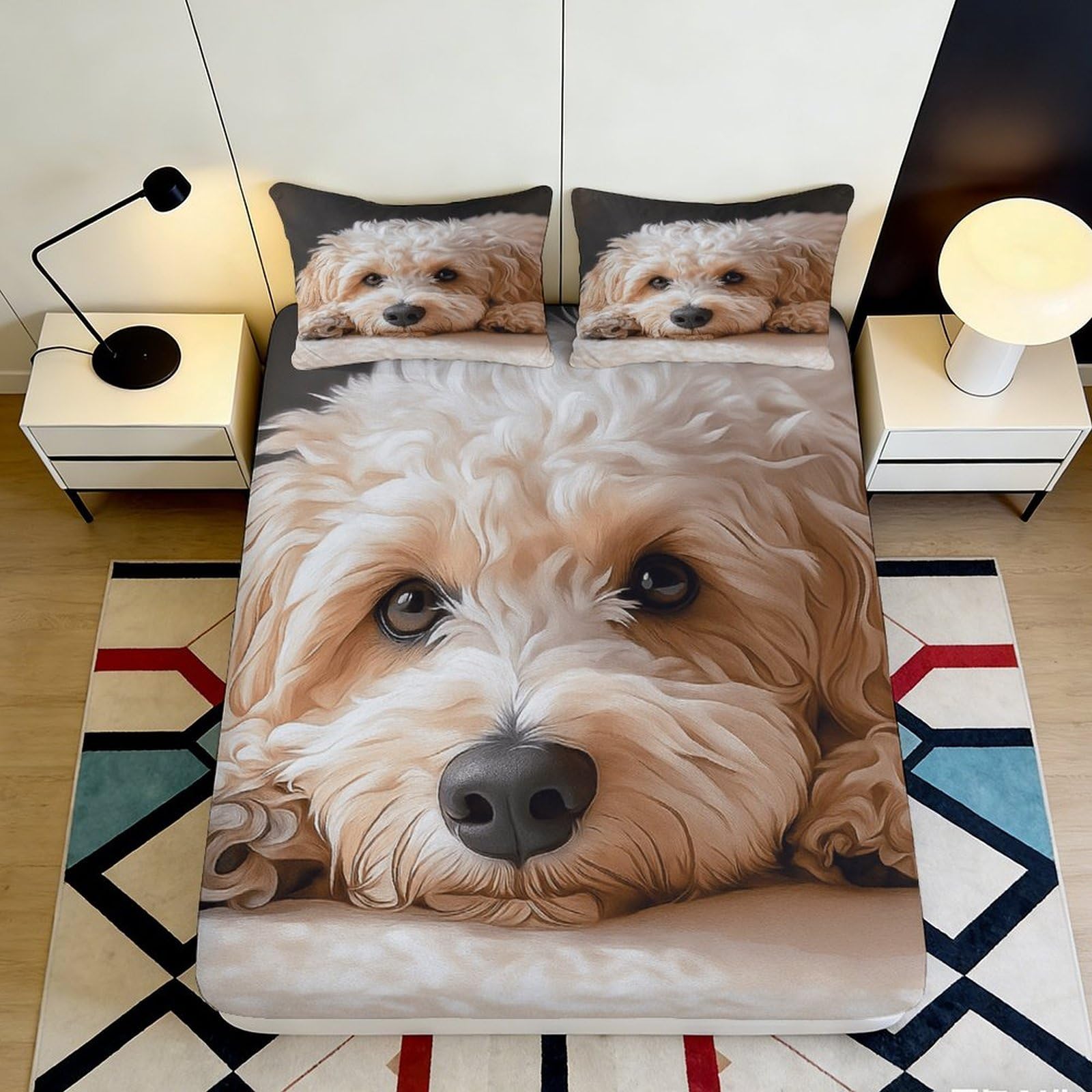 3D Printed Cute Dog Fitted Sheet Microfiber Soft Breathable Puppy Mattress Cover for Bedroom Dorm Decor Protection 90x200x25cm