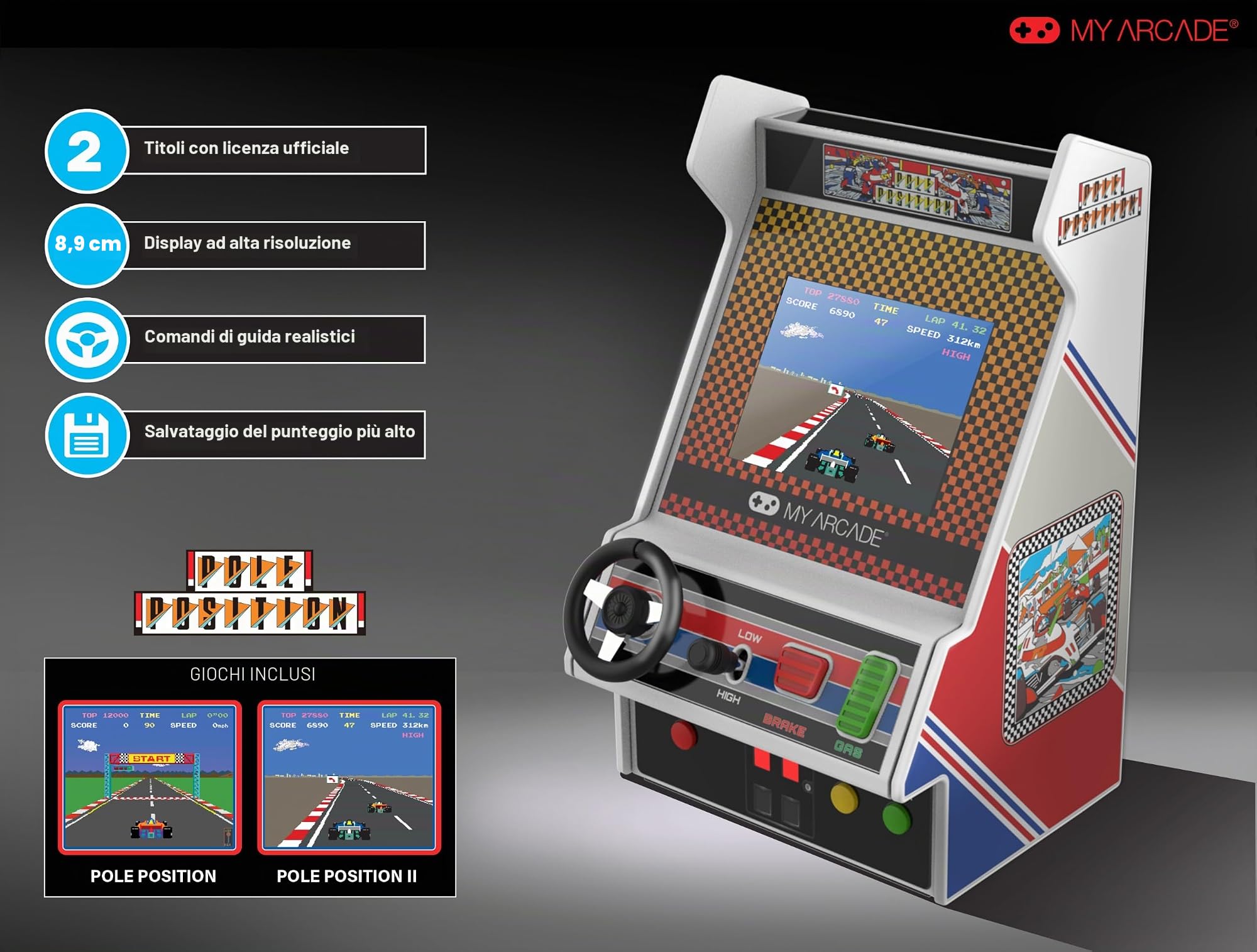 My Arcade Pole Position Racing Player: Retro Mini Arcade Game Console con 2 Giochi, Real Racing Controls Schermo a colori