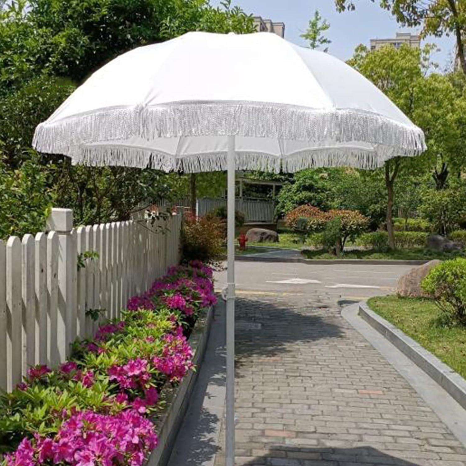 1.6 M White Parasol, Portable Beach Umbrella, Sun Protection, Vintage Garden Parasol With Tassel, 8 Fibreglass Ribs, Tilt Mechanism, For Beach Garden Balcony Pool