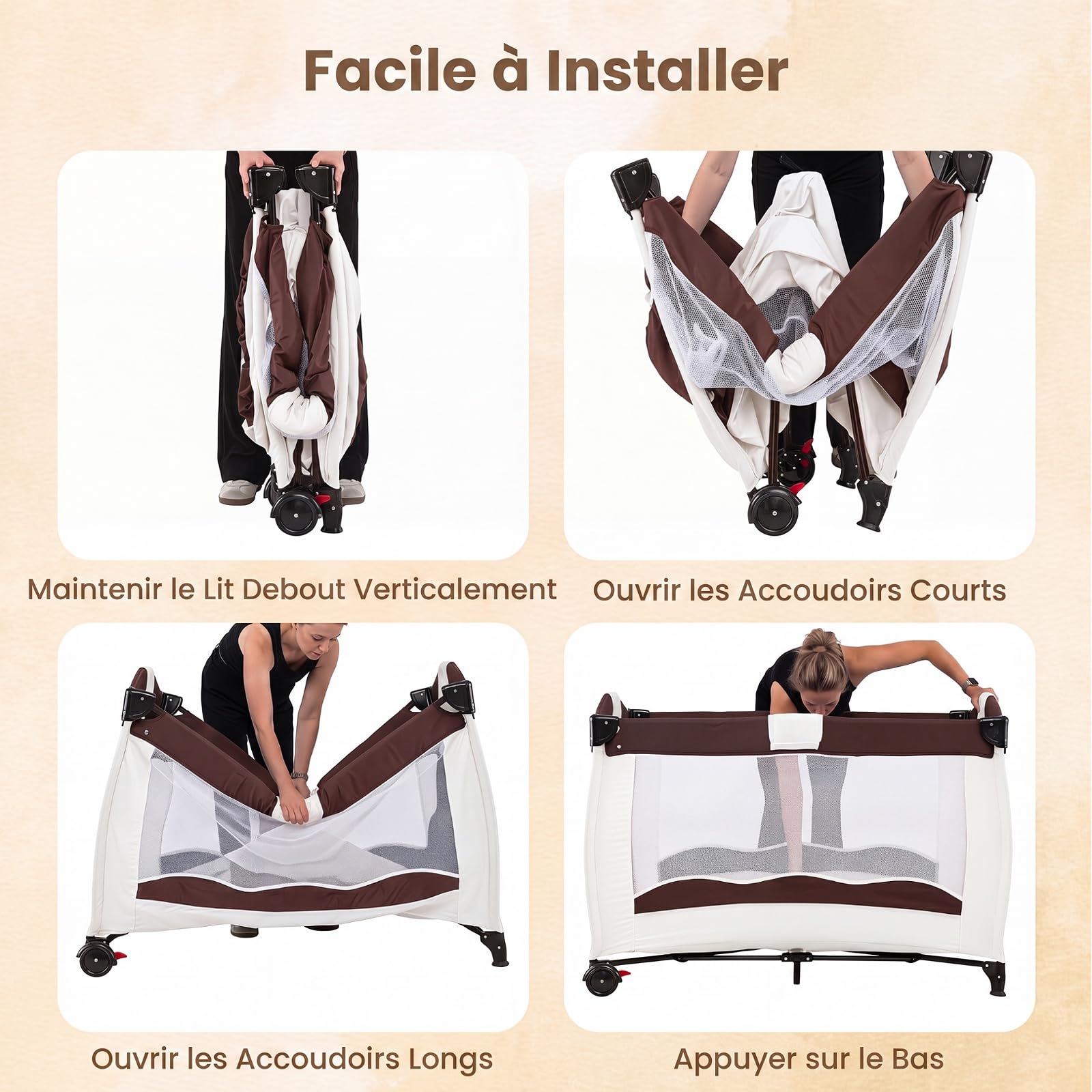 COSTWAY 4 en 1 Lit Parapluie Bébé Pliable avec Matelas (Marron)