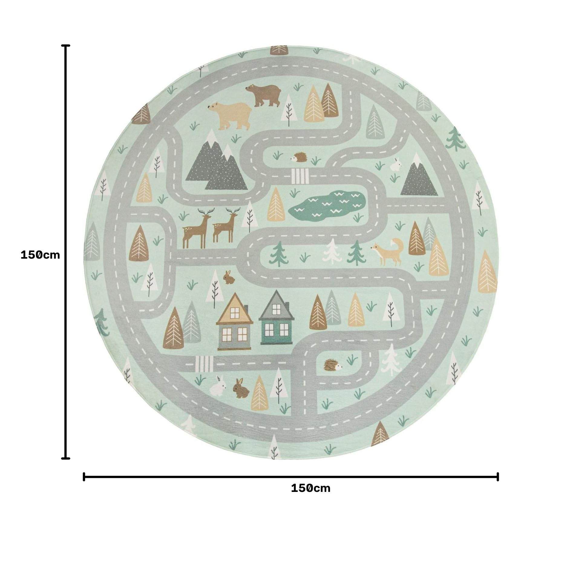 TT Home Alfombra Infantil Bebé con Motivo Carreteras Animales Bosque Casa Niño, Color:Turquesa, Tamaño:150 cm Redondo