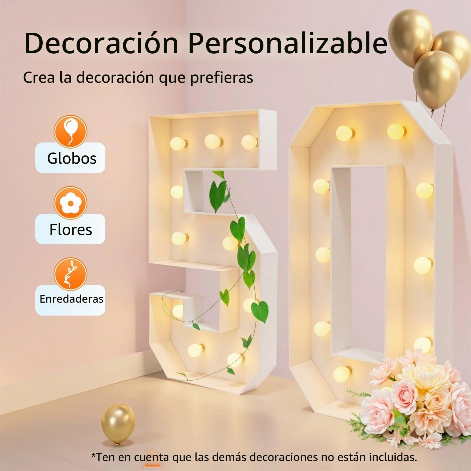 Figuras luminosas LED 2000-3000 K en altura 100 cm, decoración de cumpleaños 30/40/50, brillantes figuras gigantes para cumpleaños, boda, fiesta (50)