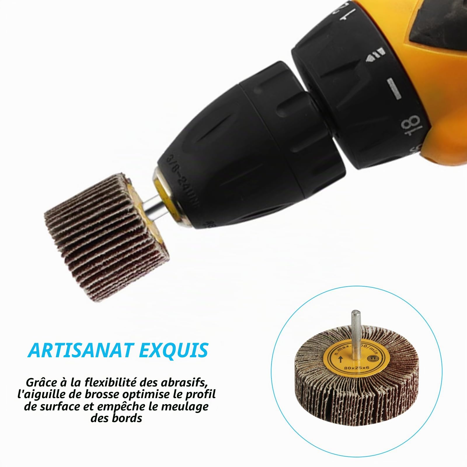 Lot de 32 roues à lamelles pour perceuse à lamelles grain 80 - Pour visseuse sans fil - Meuleuse droite - Disque de polissage pour dérouillage (8 diamètres/2 styles)