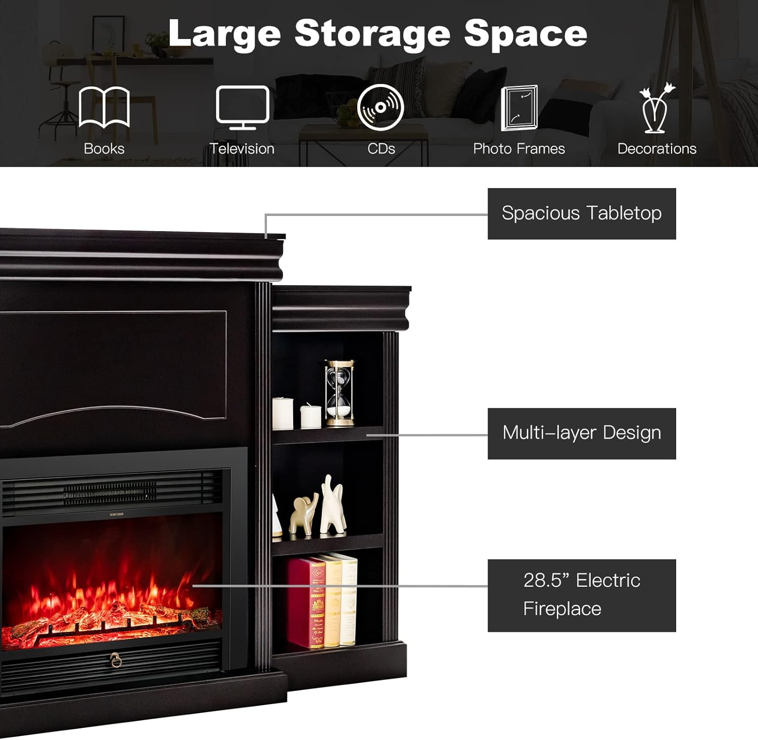 Tangkula 70" Mantel Fireplace, 750W/1500W Electric Fireplace w/Mantel & Built-in Bookshelves, 28.5-Inch Electric Fireplace w/Remote Control, 1-8H Timer, Adjustable Flame Brightness & Color (Black)