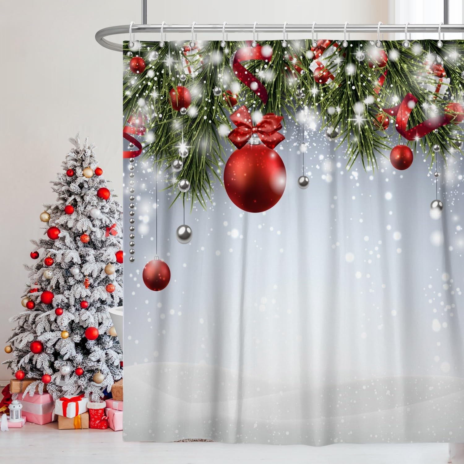 Uiiooazy Christmas Shower Curtain for Bathroom 72x72inches Red Pearls X