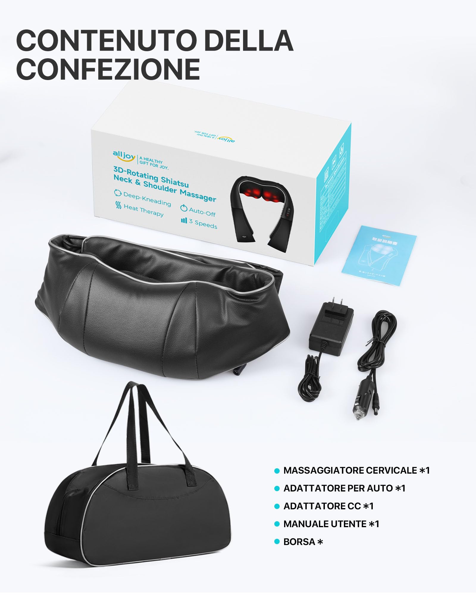 ALLJOY Massaggiatore Cervicale, Massaggiatore per Collo e Spalle con Riscaldamento, Massaggio Shiatsu Elettrico Schiena 3D Tre Velocità Regolabili,Regalo per Uomo Donna,Nero