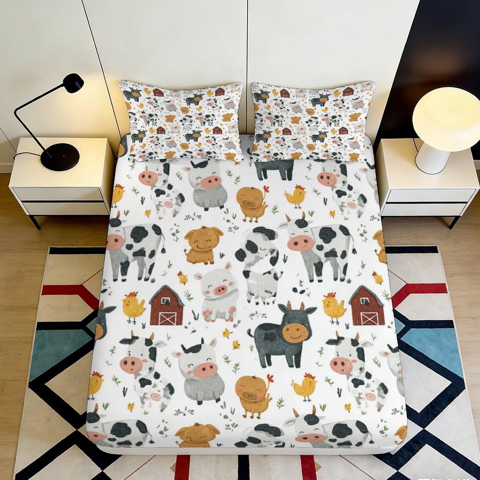 3D Printed Farm Animal Fitted Sheet Microfiber Soft Non-slip Barnyard Chick Mattress Cover for Bedroom Dorm Bed Decor 200x200x25cm
