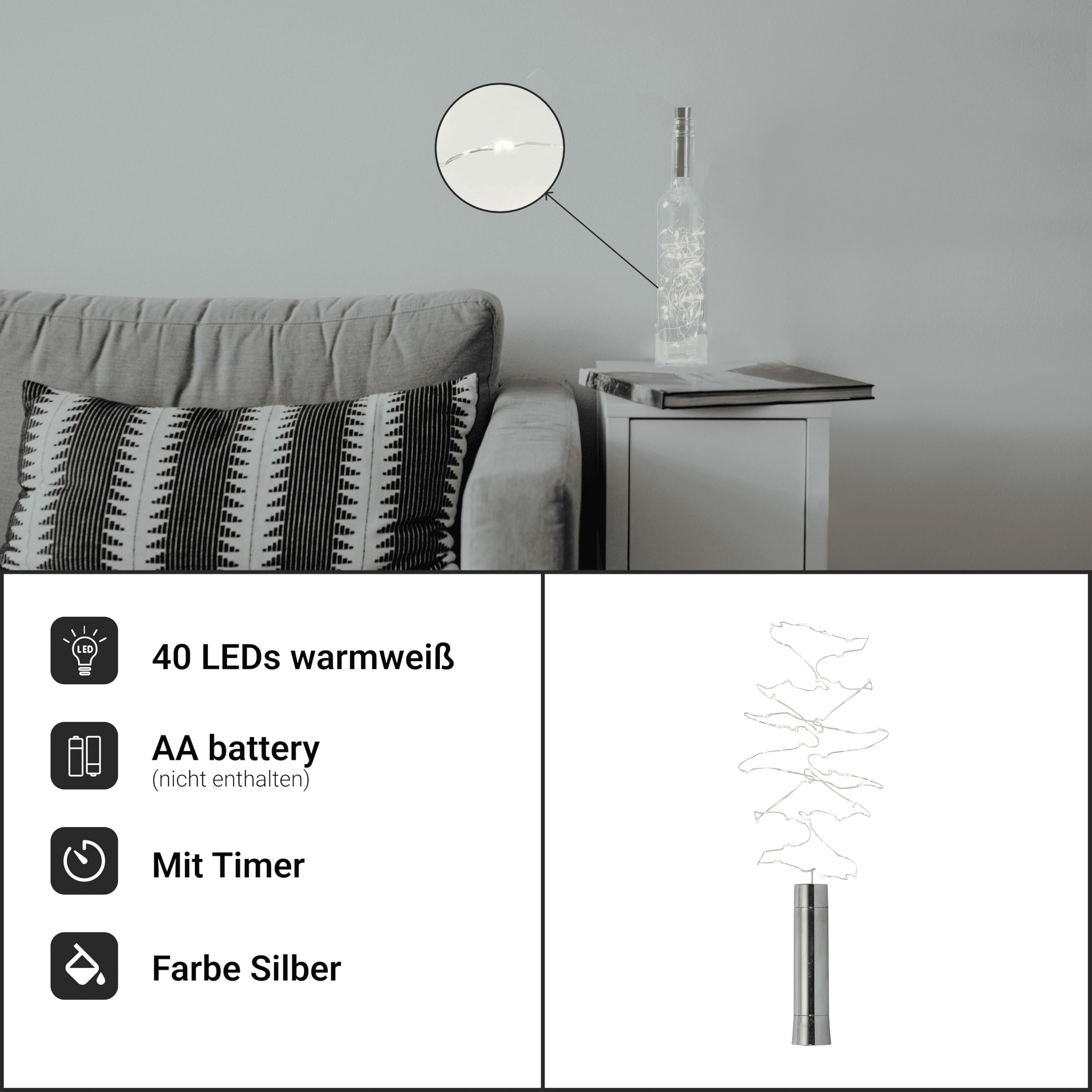 Catena Luminosa A LED Per Bottiglie Con Tappo A Sughero - 40 LED Bianco Caldo, Luce Da Bottiglia Con Timer 6h - Per Decorazioni Feste, Matrimoni, Natale