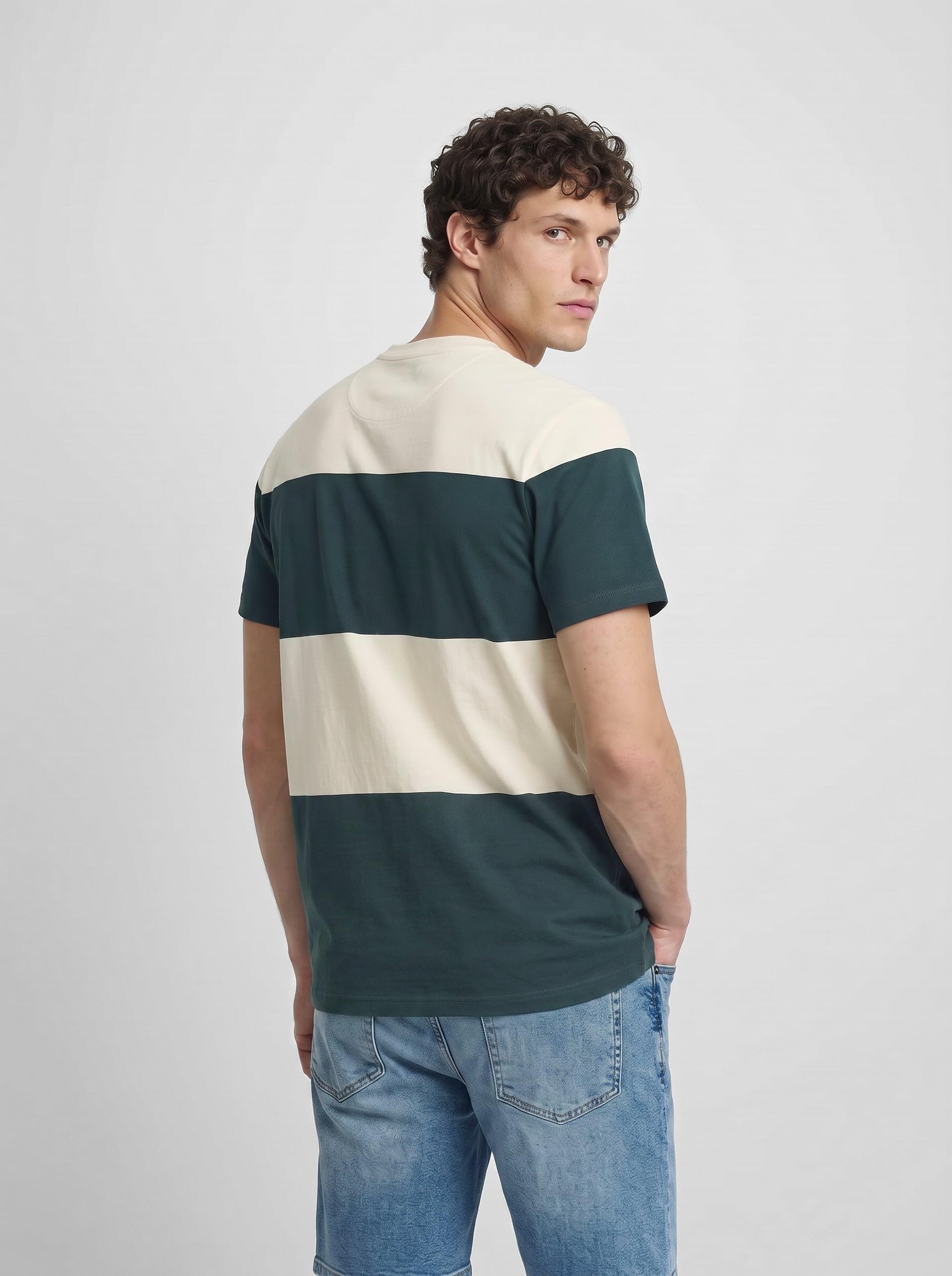 SILBON Camiseta Raya Ancha Verde Oscuro T-Shirt Uomo (Pacco da 1)