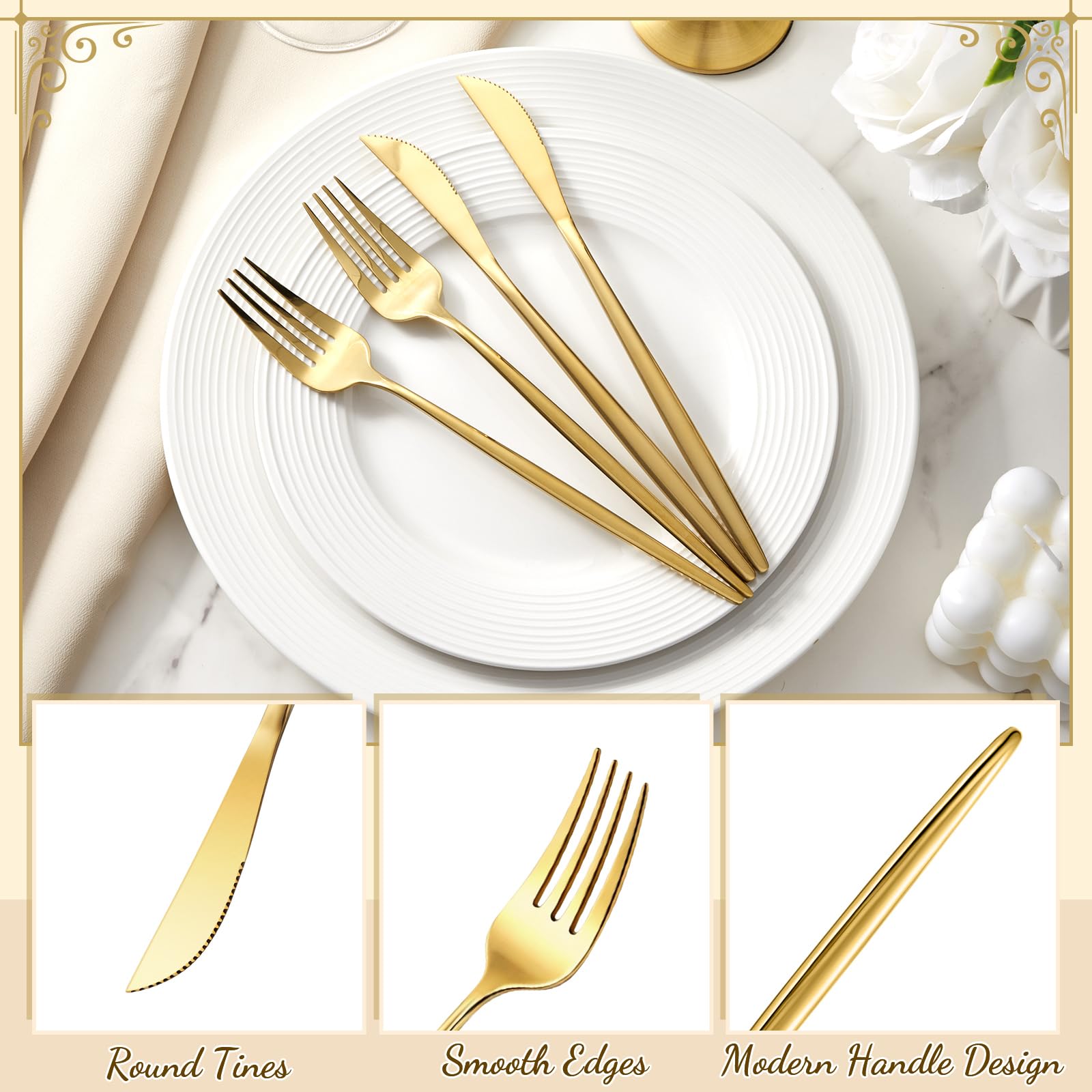 100-teiliges Goldenes Besteckset Aus Edelstahl, Bestehend Aus Gabeln Und Messern, Steakmessern, Gabeln Und Silberbesteck, Spülmaschinenfest, Ideal Für Hochzeiten, Partys Und Restaurants.