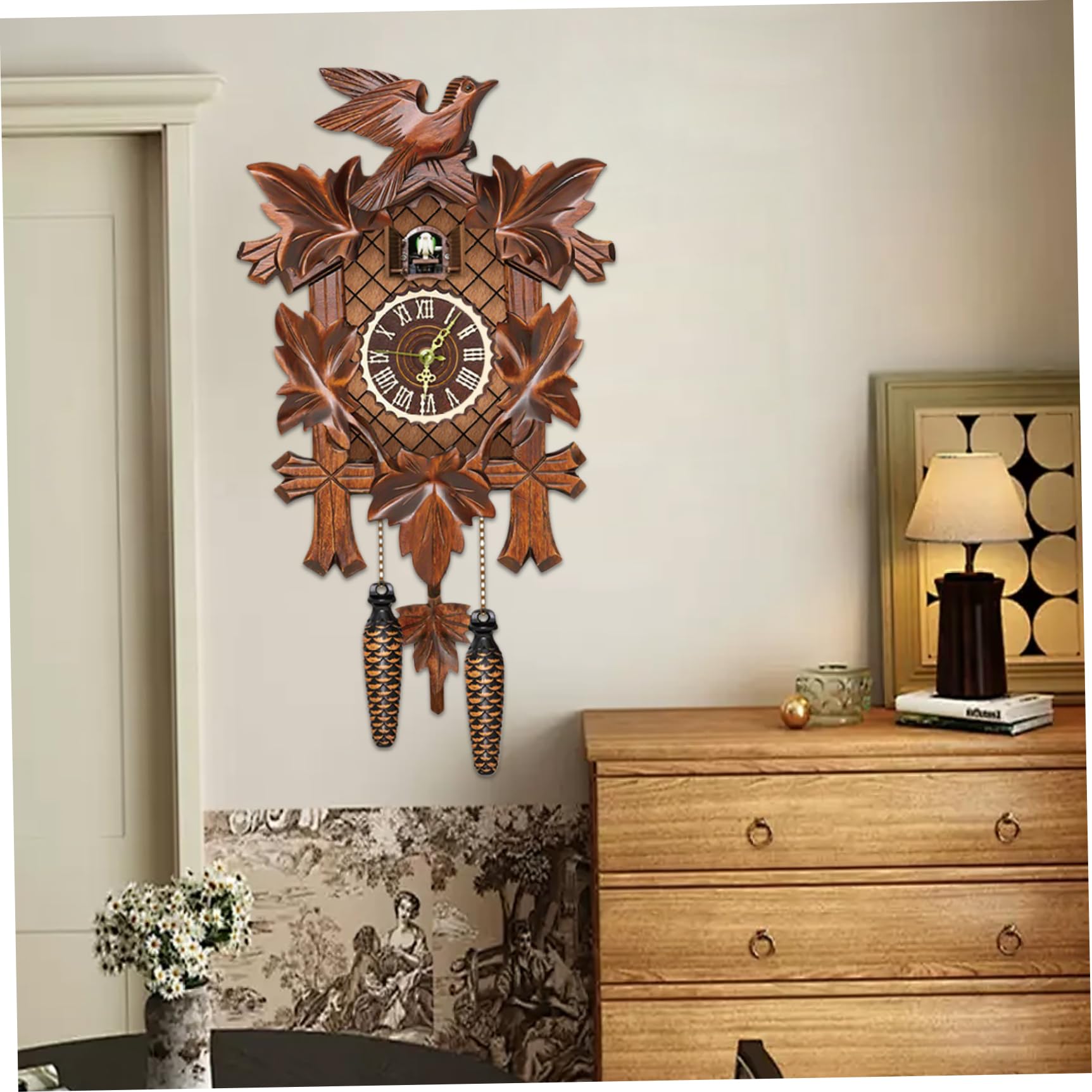Horloge à Coucou avec Pendule d'oiseau de Travail, Horloge Murale, horloges à Coucou en Bois pour Mur Coo Coo avec Mode Nuit pour Salon, Chambre Coucher, Pendule de Pendaison crémaillère