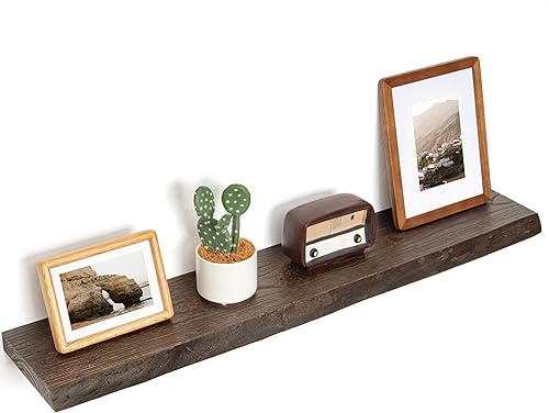 Miniatura 31 de Estantes flotantes para decoración de pared, estantes flotantes rústicos de madera maciza de olmo con borde vivo, estantes de pared con soporte
