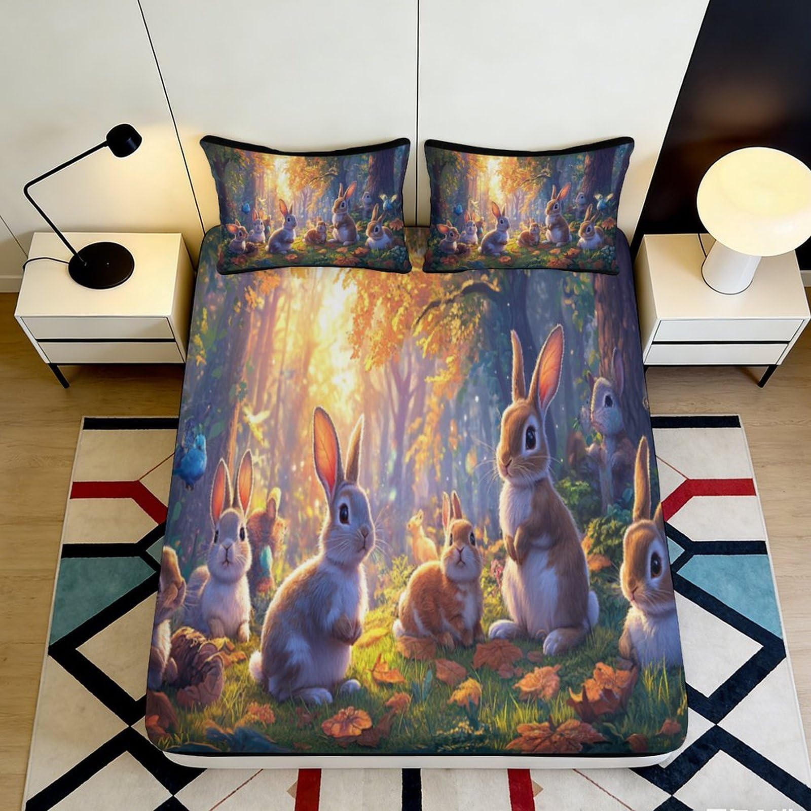 3D Printed Forest Bunny Fitted Sheet Microfiber Soft Anti-Slip Woodland Rabbit Mattress Cover for Bedroom Decor 180x200x25cm