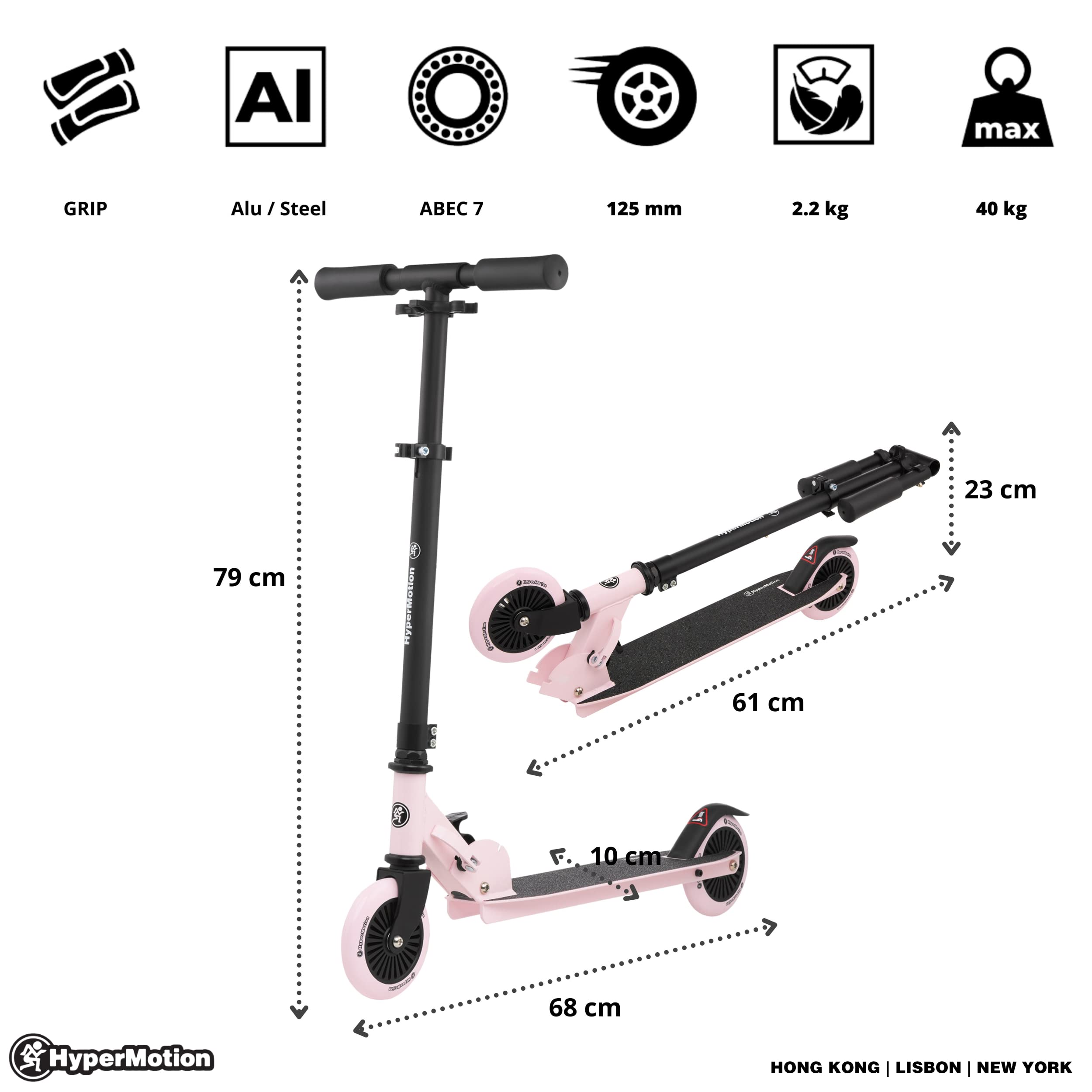 HyperMotion Patinete infantil de 3 a 8 años, patinete Willy, plegable, altura del manillar ajustable, ruedas de goma, plataforma antideslizante, capacidad de carga hasta 40 kg