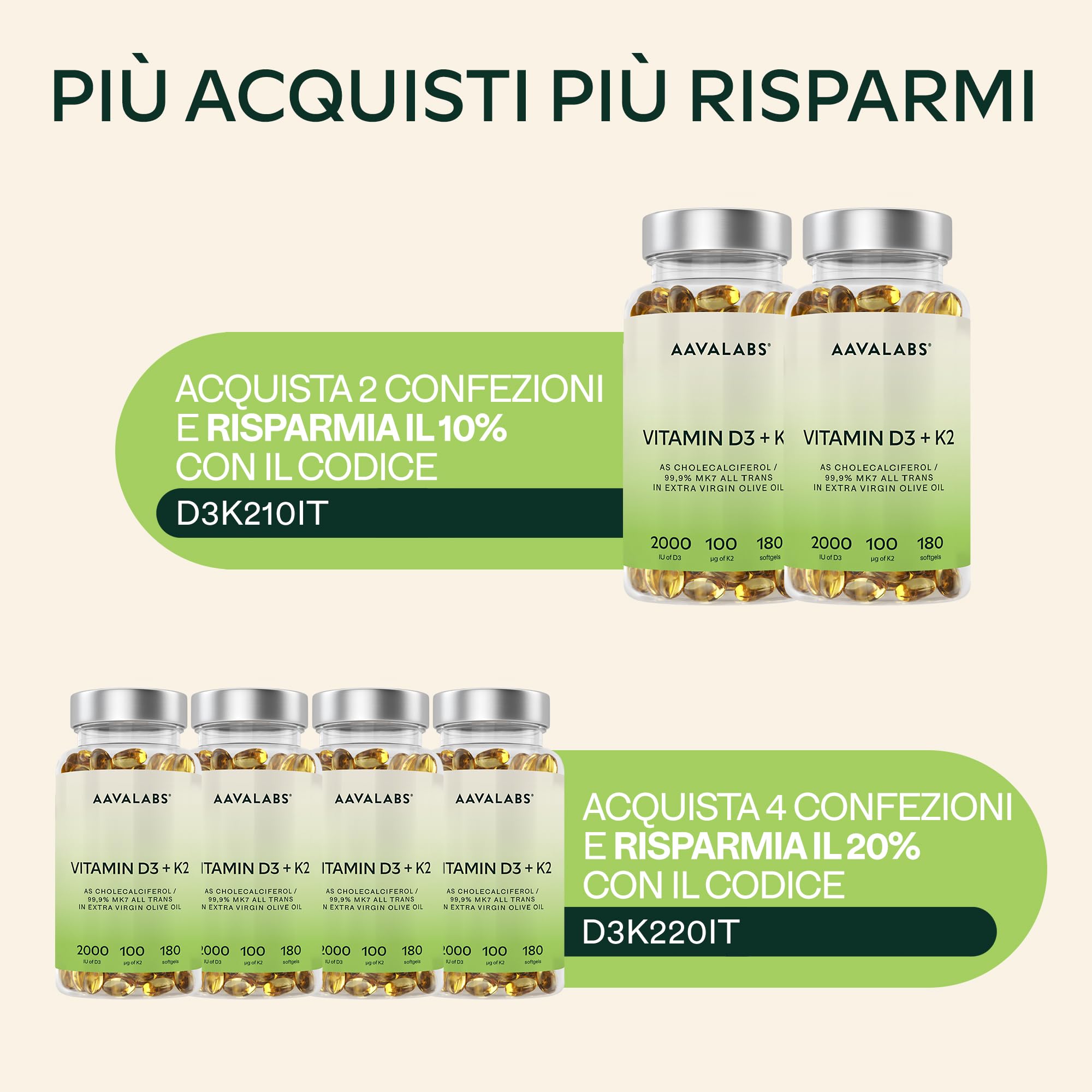 Vitamina D3 K2 Alto Assorbimento Olio Extravergine d'Oliva - Vitamina D3 2000 UI + Vitamina K2 MK7 100 μg - Vitamina D 2000 UI e Vitamina K - 180 Capsule