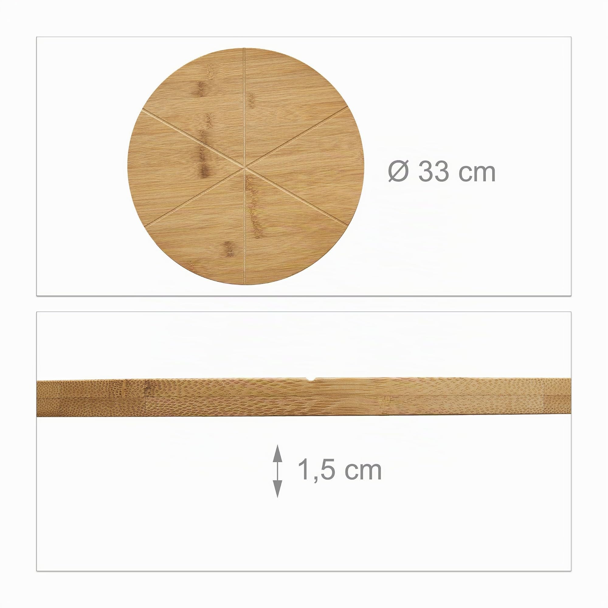 Relaxdays Piatto Pizza Rotondo, Diametro 33 cm, Tagliere con 6 Scomparti per Fette, Vassoio da Portata, Legno Naturale