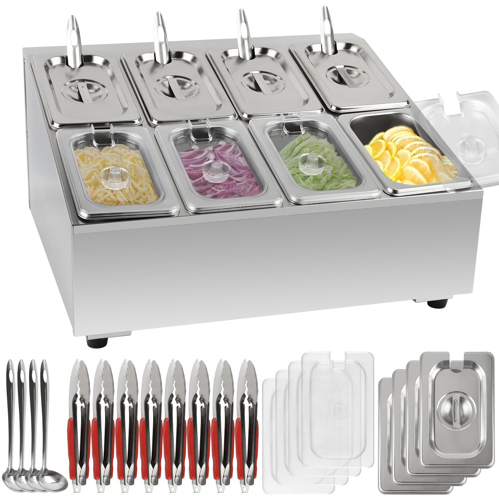 TOROKOM Pizza Topping Station, Stainless Steel Spice Organizer Stand with Lids Spoons Countertop Inclined Holder Buffet Containers Set for Sauce Jam Fruits Ingredient Kitchen (2 Row 8 Pans)