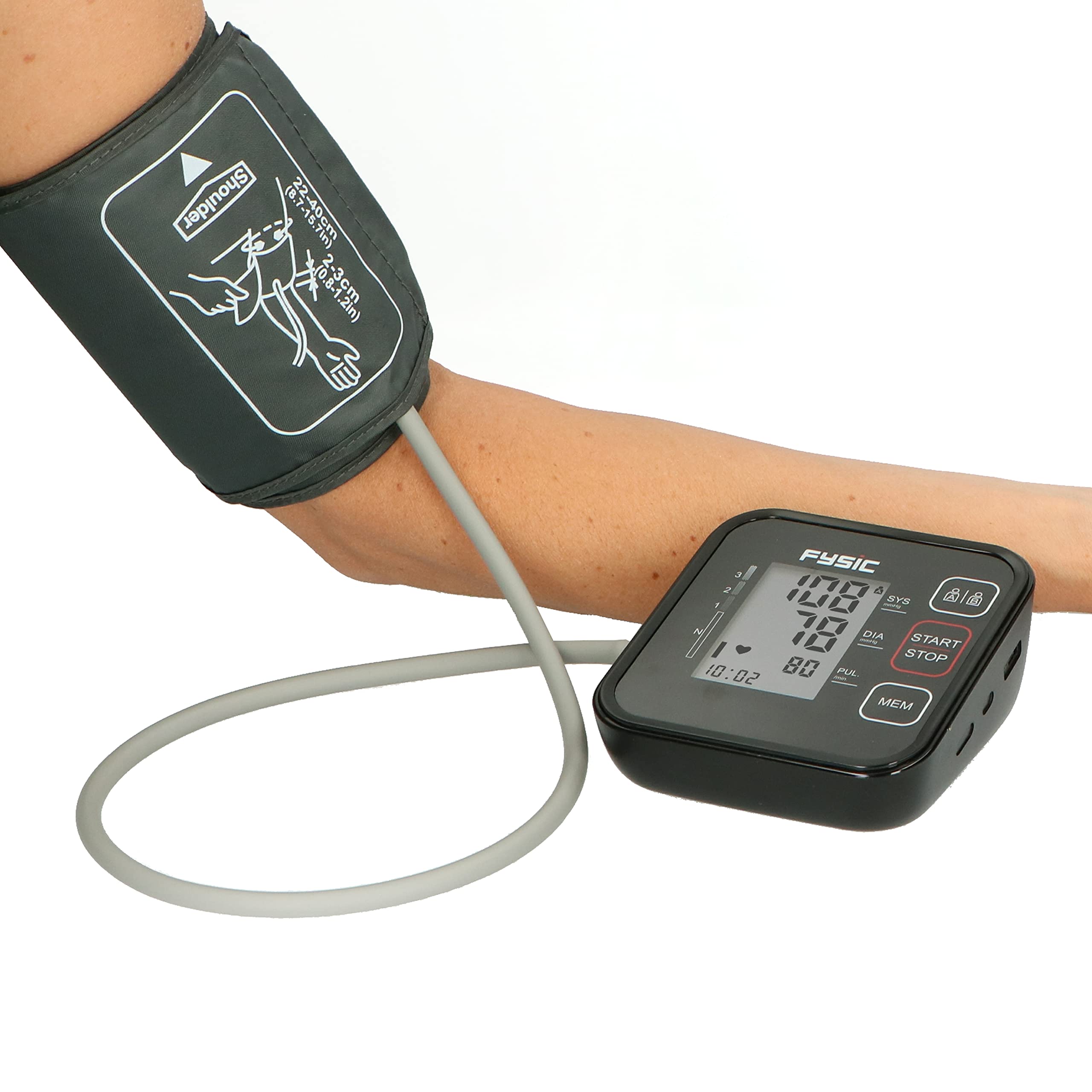 Fysic Tensiómetro de brazo FB150 con control en el asiento del puño, circunferencia del brazo de 22-40 cm, medición en 30 segundos, pantalla LCD, color negro
