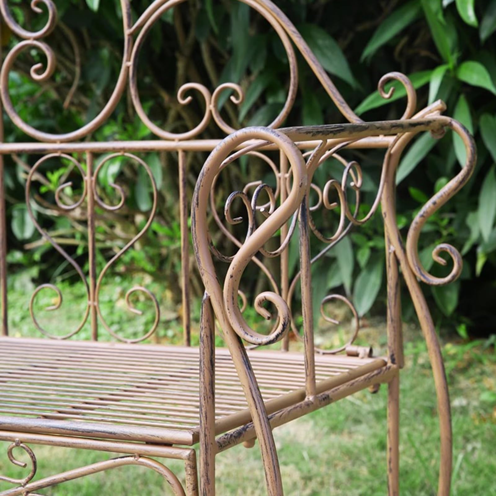 Panchina da Giardino in Ferro Battuto da 127 cm, Panchina da Esterno con Schienale e Braccioli per Cortile, Bordo Piscina, Prato(Brown)
