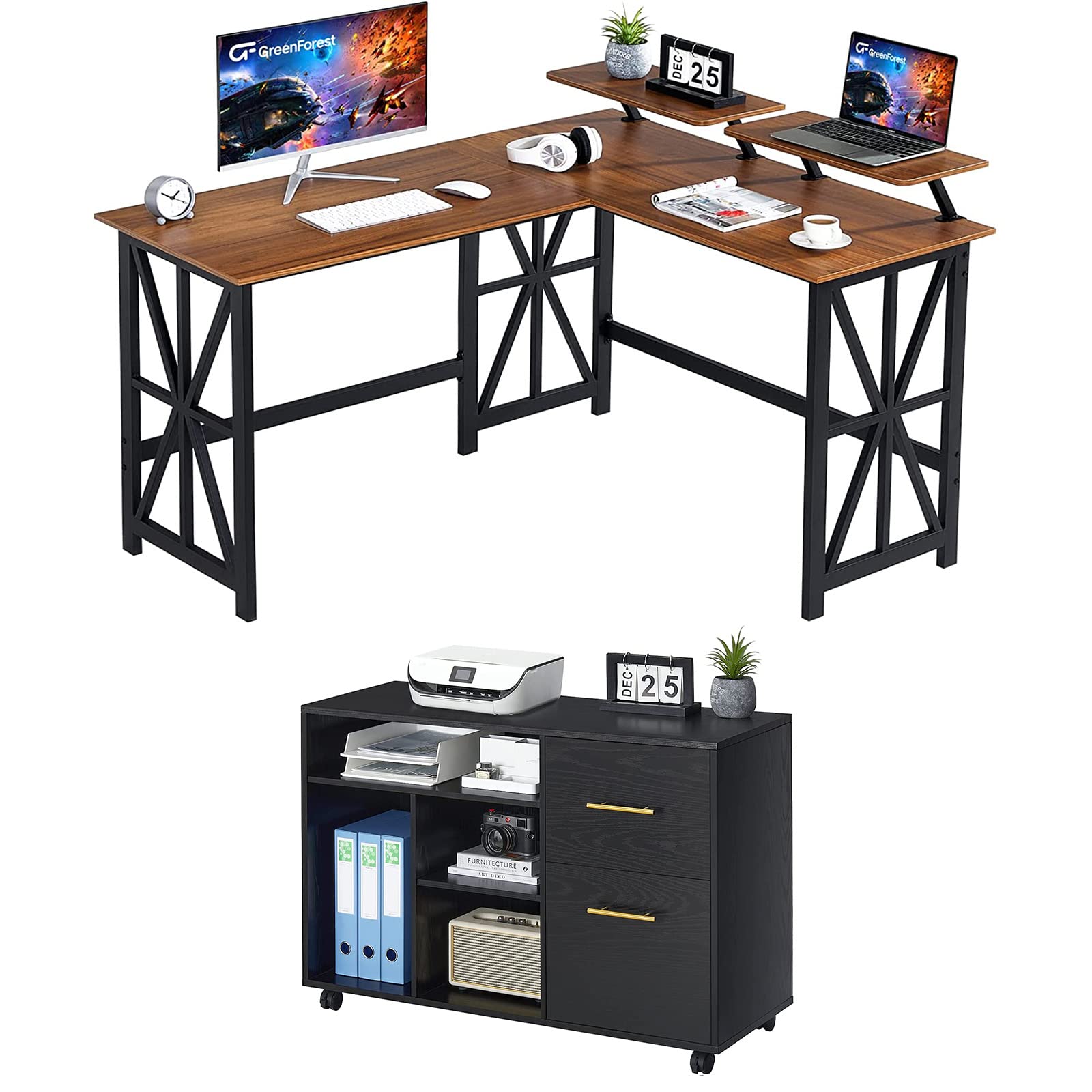 Buy GreenForest L Shaped Desk with 2 Removable Shelves Reversible