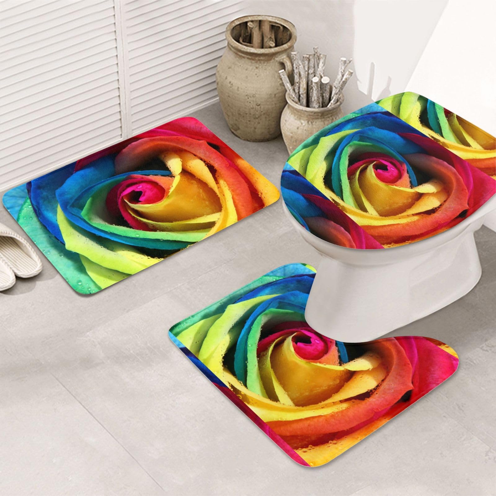 Tapis de sol de salle de bain à roses colorées set 3 pièces pour douceur pieds