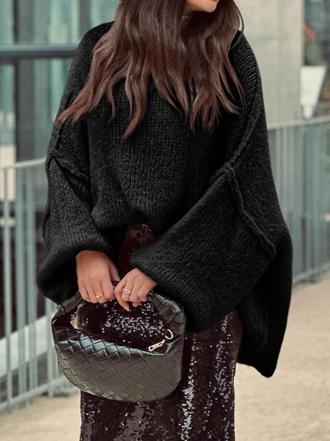 Saodimallsu Womens Oversized Sweater Chunky Crew Neck Long Lantern Sleeve Knit Fall Trendy Tunic Sweaters Top - Image 3