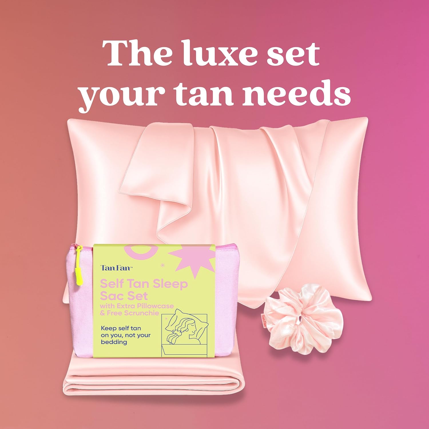 Self Tan Sleep Sac Bundle – Silky Bed Sheet Protector, Extra Pillowcase & Huge Scrunchie (Pink) - Protects Sheets from Tanner Stains – Washable, Cooling, Travel Friendly Gift - Large + Roomy