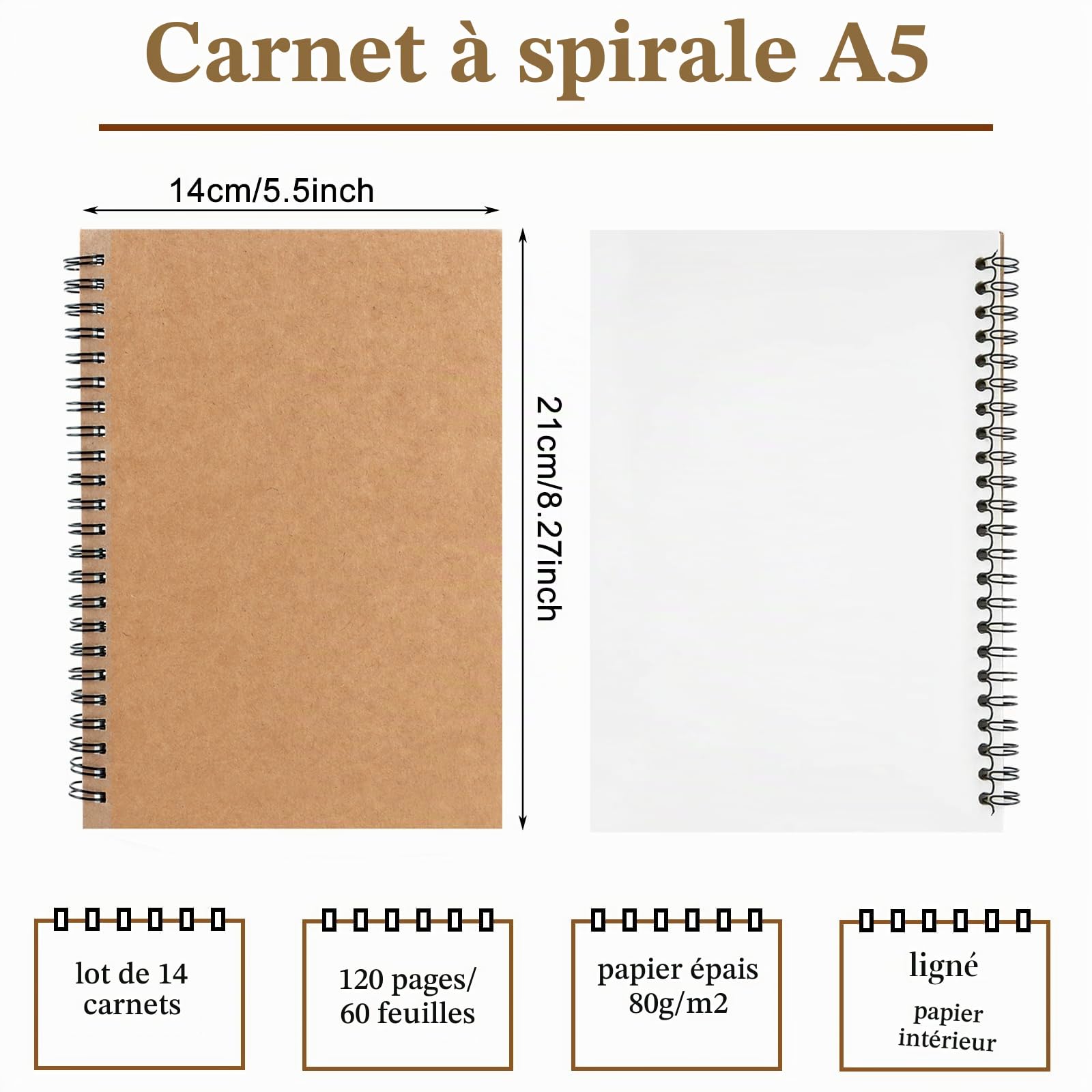 Carnet de notes A5 à spirale, lot de 24 cahiers lignés avec couverture kraft, 60 feuilles 80 g/m², bloc note A5 pour école, bureau, journal et prise de notes quotidienne