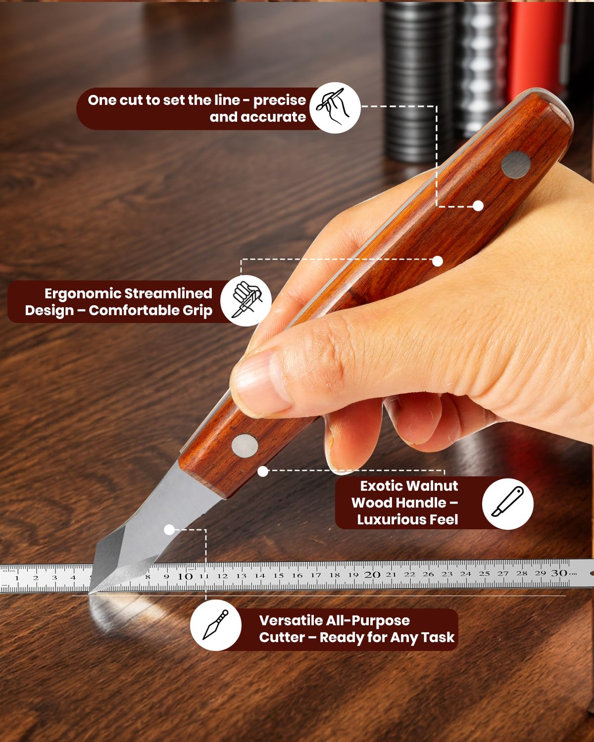 Woodworking Marking Knife – High Carbon Steel Double-Beveled Scribing Blade, Ergonomic Wooden Handle & Leather Sheath – Precision Scribing Tool for Joinery, Carpentry & Wood Carving – by Aeglemana — Amazon image 4