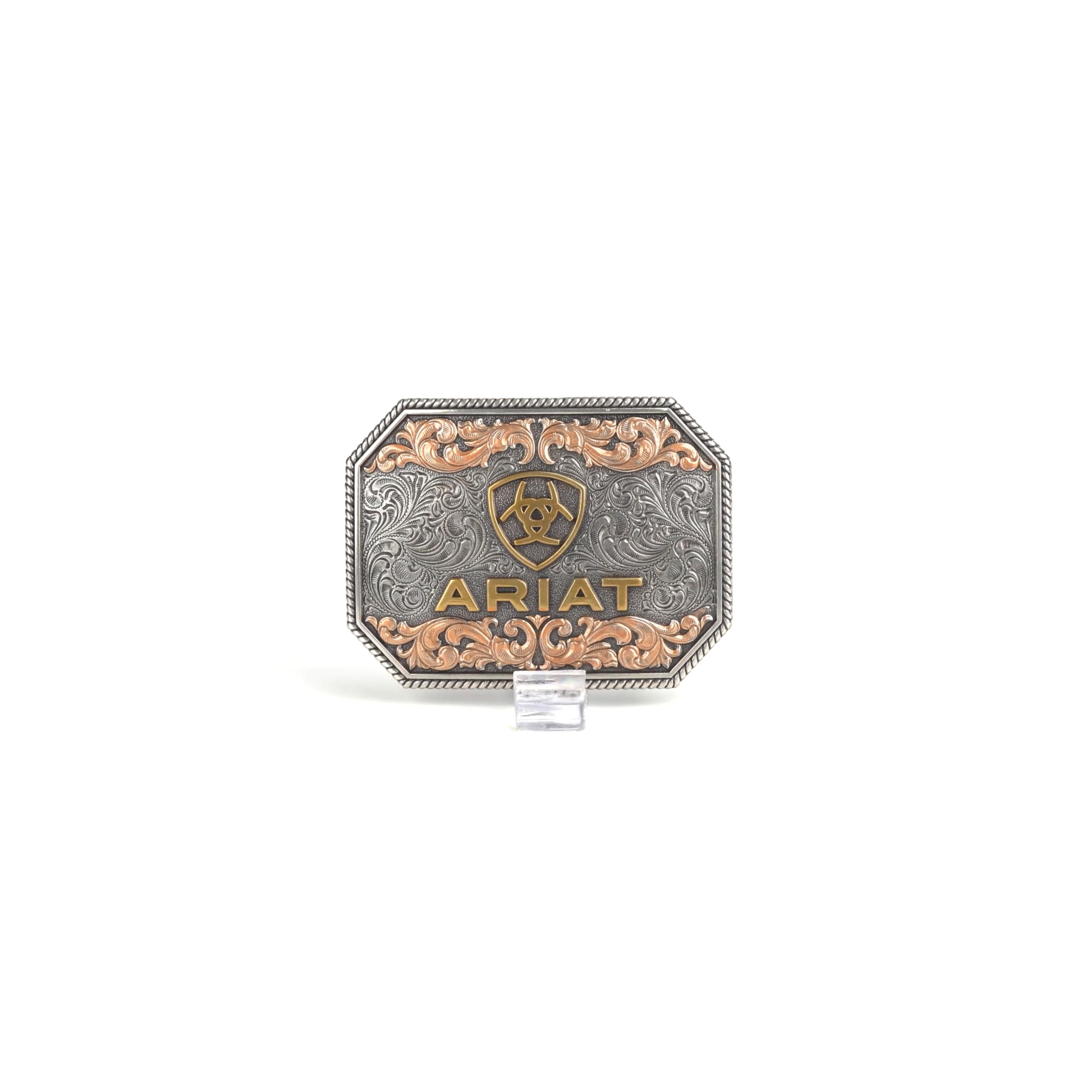 ARIAT Fibbia rettangolare con logo floreale in rilievo | Finitura argento antico, oro e rame, 10,2 x 7,6 cm
