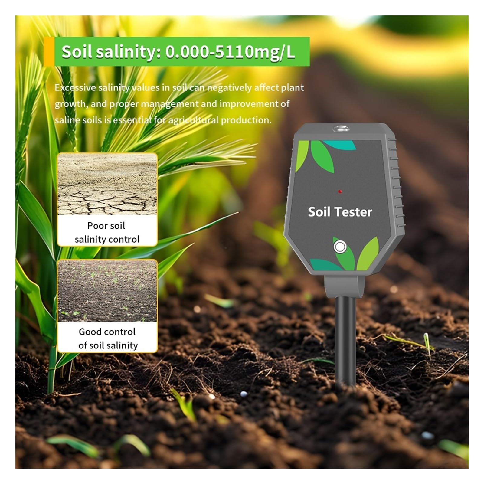 Medidor de humedad del suelo, Medidor de pH del suelo profesional, medidor de pH, CE, fertilidad, salinidad, monitor, luz inteligente, detector de humedad del aire. Para jardinería y agricultura