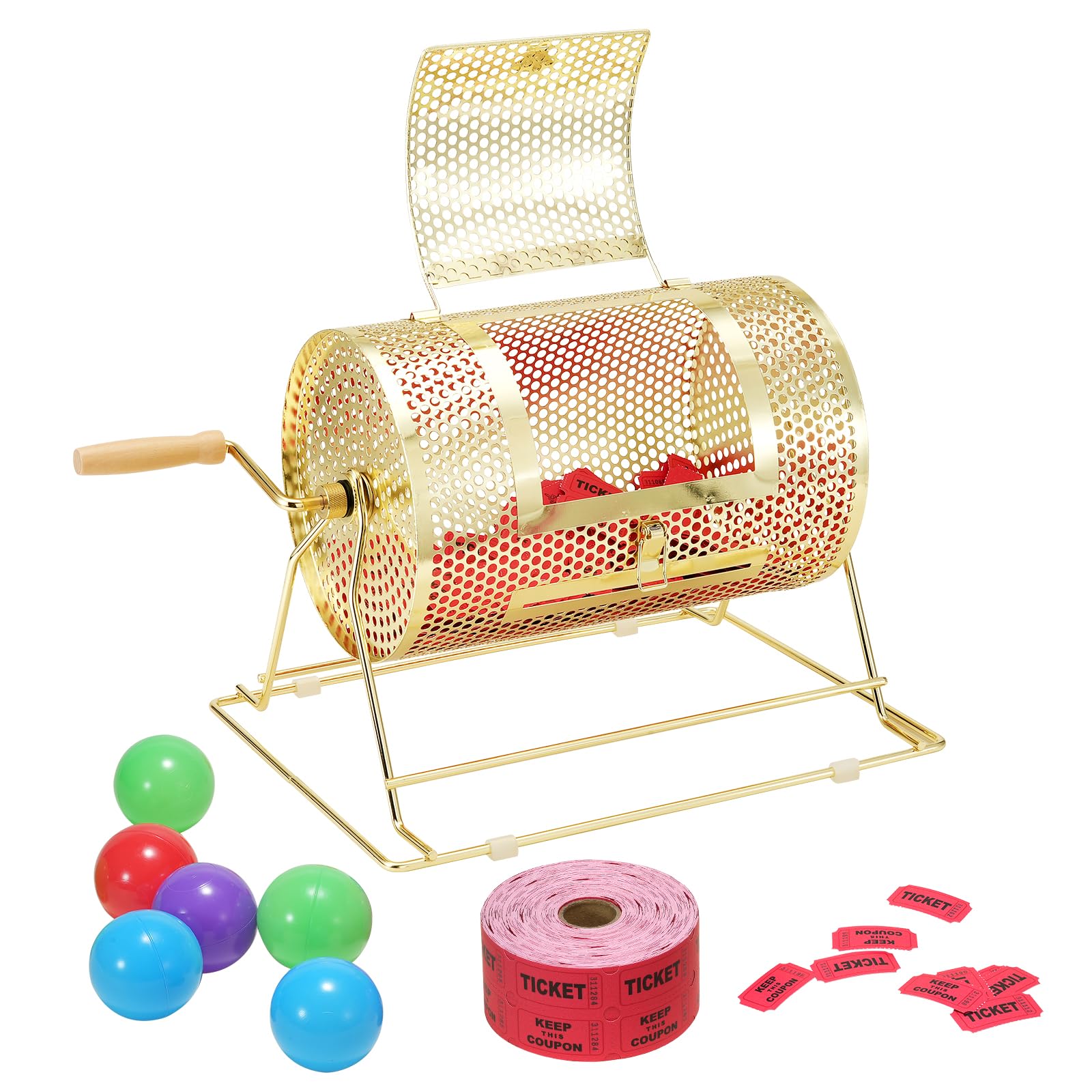 VEVOR Raffle Ticket Spinner - 12 x 8 Inch Raffle Drum Lottery Spinning Drawing, Brass Plated Raffle Tickets Roll Box with Wooden Turning Handle Holds 2500 Tickets or 100 Ping Pong Balls for Events