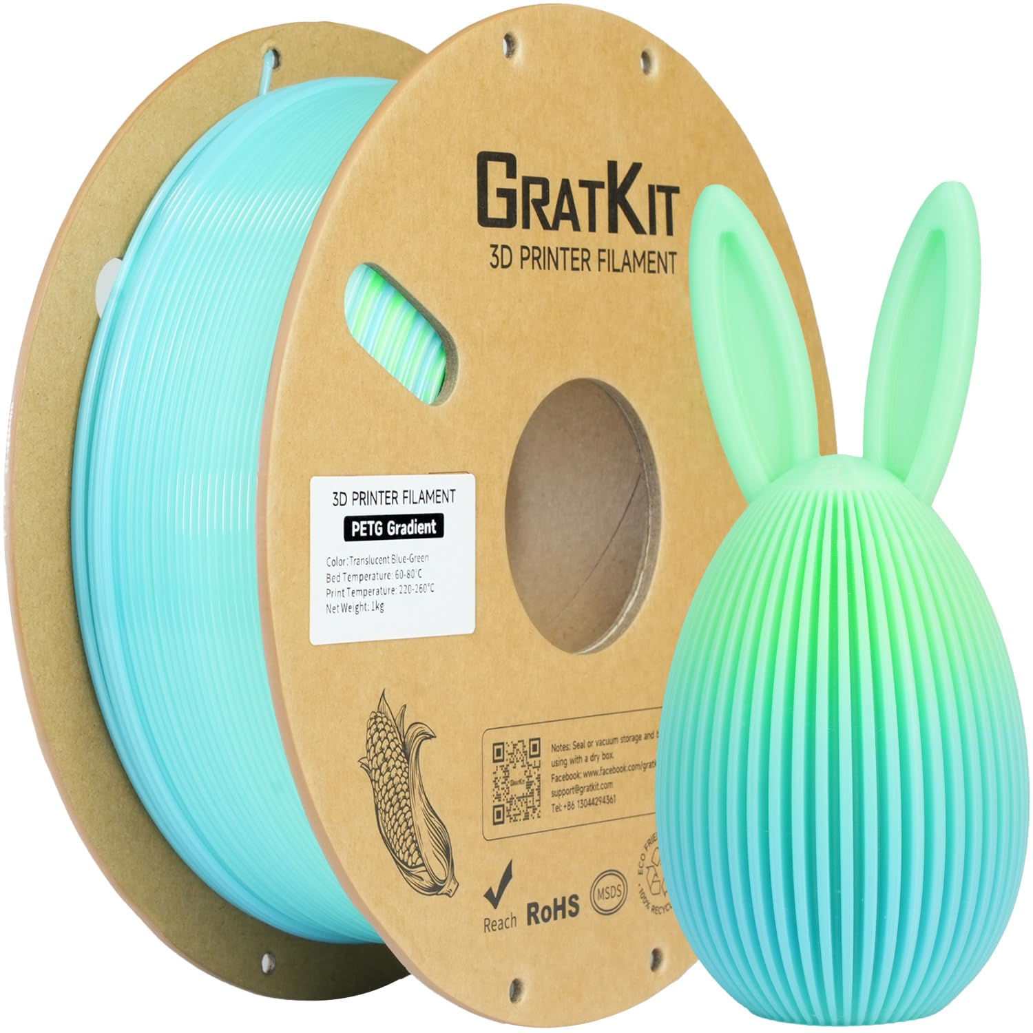 GratKit Gradient PETG Filament, 1.75mm, 1kg, Translucent Blue Green