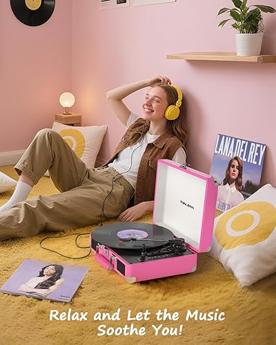 Miniatura 5 de Tocadiscos Bluetooth rosa con altavoces integrados, grabación USB a MP3, tocadiscos de 3 velocidades accionados por cinturón, diseño de maleta