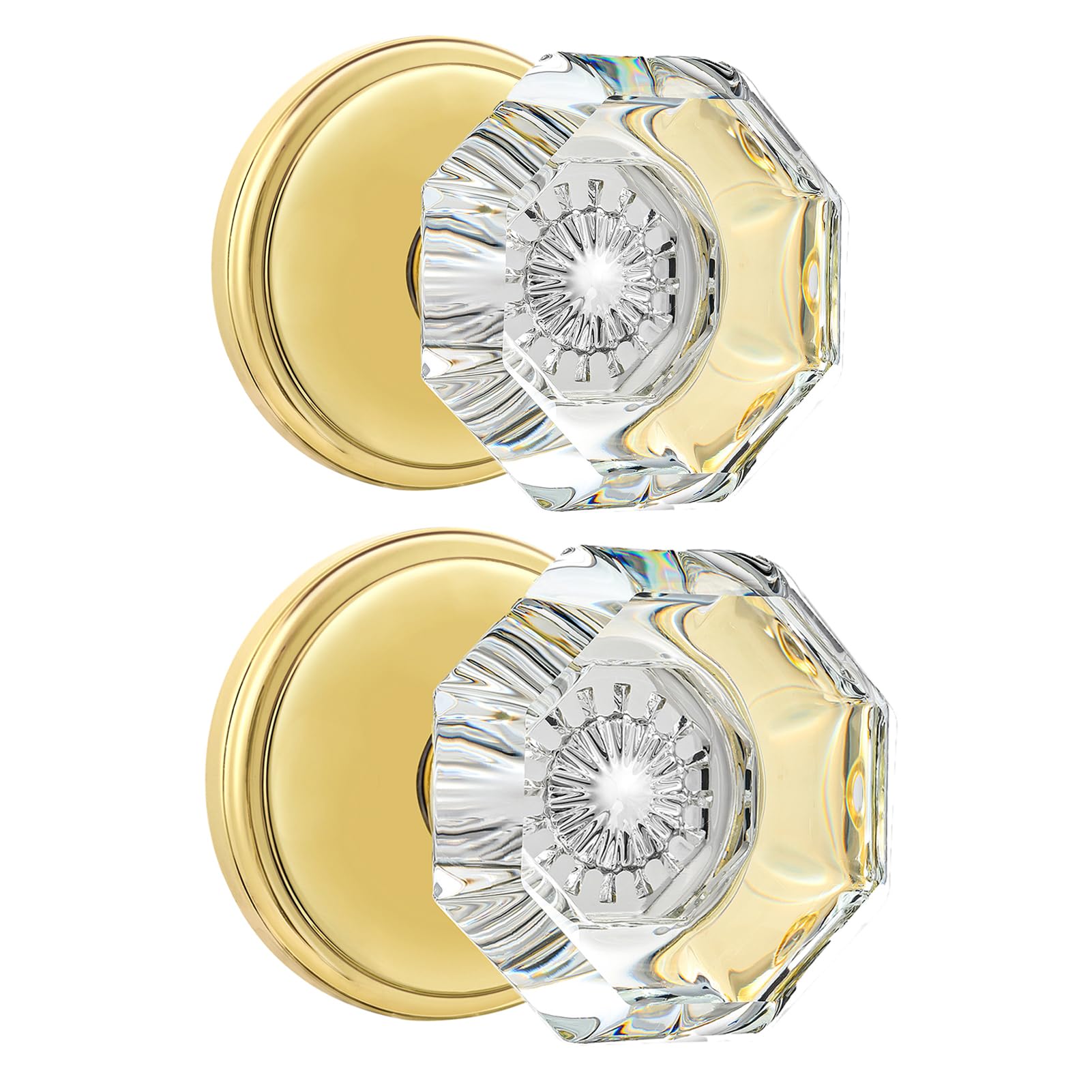CLCTK 2 Pack Crystal Dummy Door Knobs, Non-Turning Single Side Dummy Door Knob Set, Polished Brass/Gold