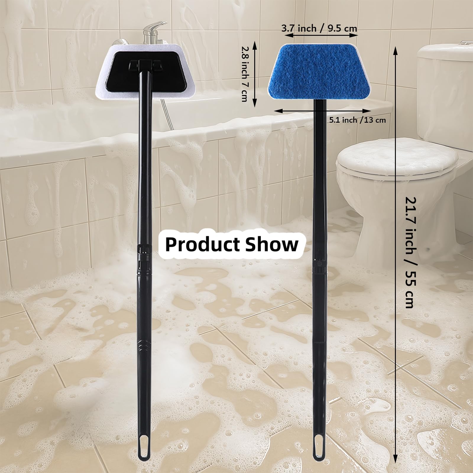 Tub Tile Scrubber Cleaning Brush, Sponge on a Stick for Cleaning Adjustable Long Handled Scrub Brush with 21.7'' Handle for Cleaning Shower Bathroom Vessel Sinks Toilet Wall Floor Black