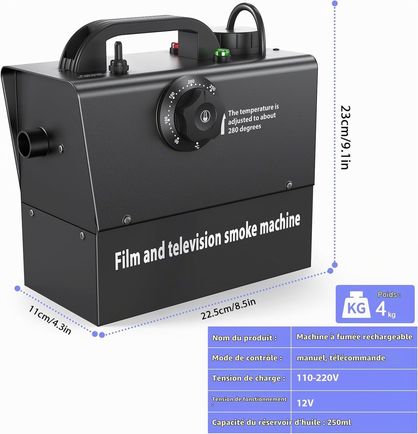 Machine à fumée manuelle 400 W, batterie intégrée 21000 mAh, Niveau visible