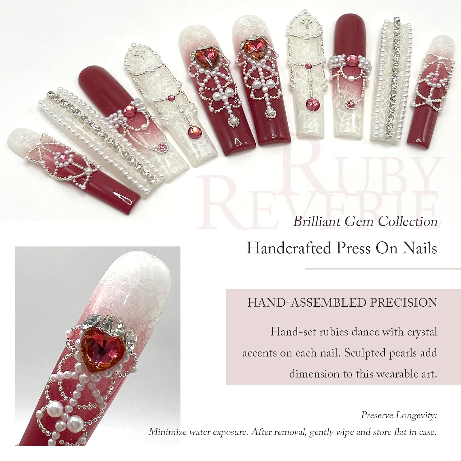 Artisan Red Gem Press On Nails, Handcrafted Reusable Extra Long Square Fake Nails, Original Heart Ruby Design Hard-Wearing Artificial Nails (Small)