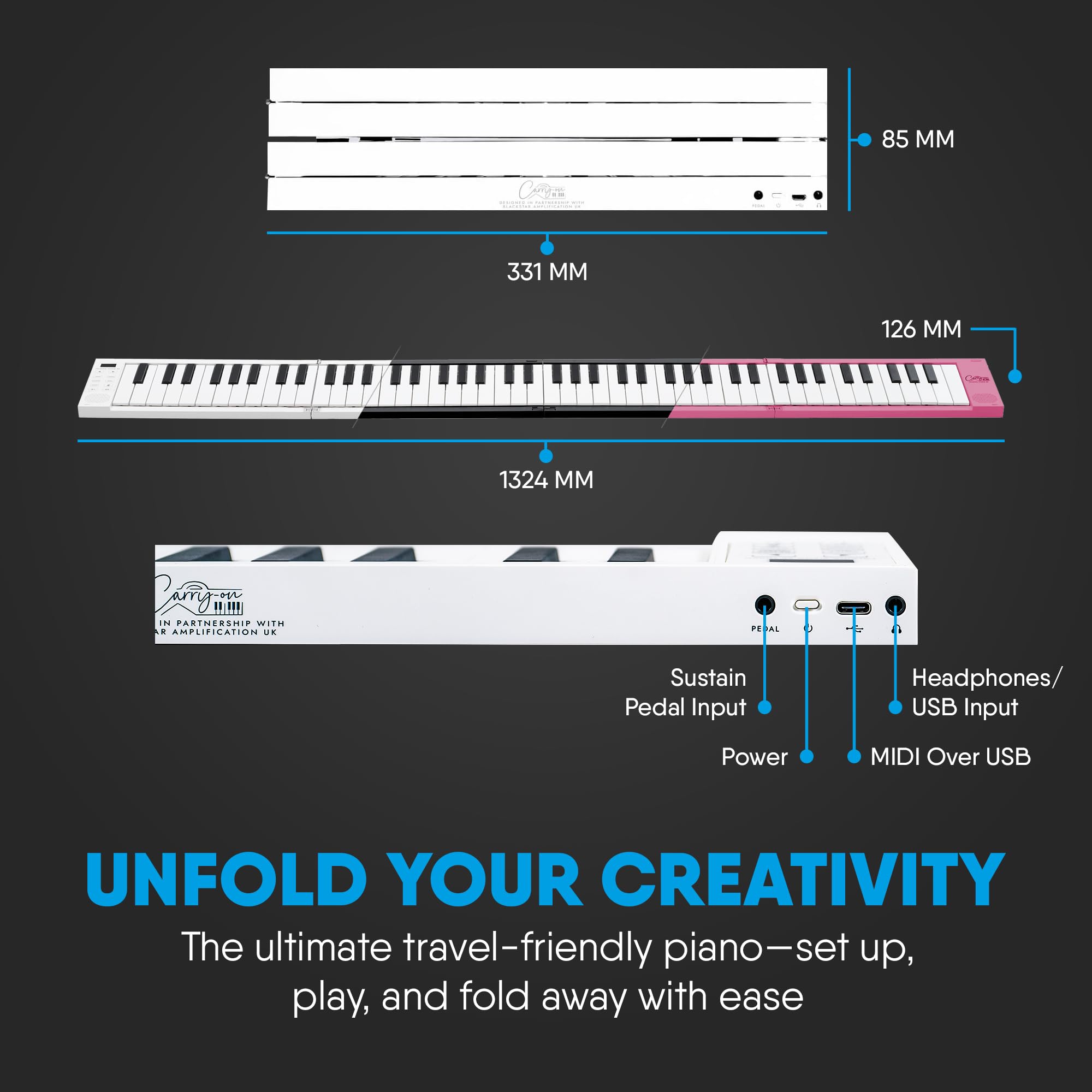 Blackstar BA215010 Carry-on FP-88 Touch 88 Tasti Touch Sensitive Bianco Portatile Pieghevole Digital Piano USB MIDI Controller con batteria ricaricabile
