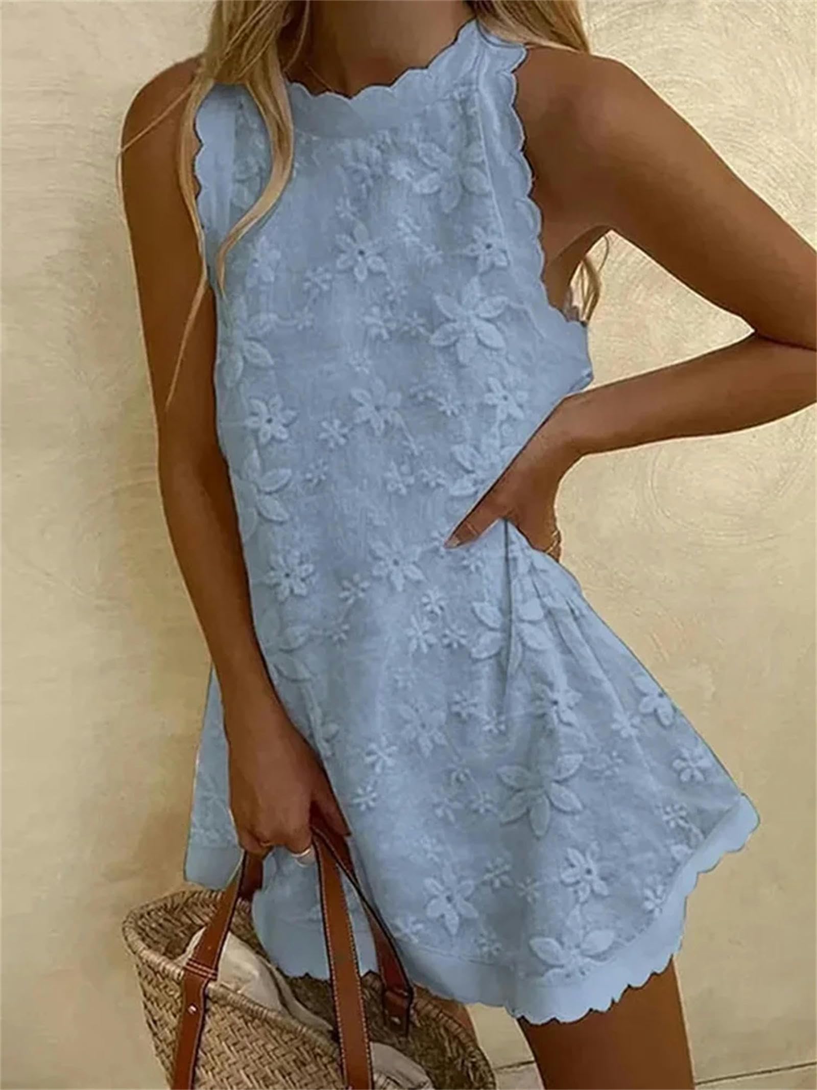 Vestido para Mujer Vestido Sin Mangas para Mujeres Elegante Cuello Redondo Y Suelto Elegante Mini Vestido De Encaje Vestido