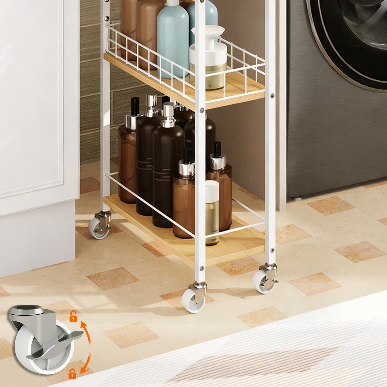 HOOBRO Chariot de Cuisine à 4 Niveaux, Chariot de Service étroit, Rangement à roulettes avec Paniers, pour Cuisine, Salle de Bains, Salle à Manger, Buanderie, Blanc et Couleur Bois EWN17TC01