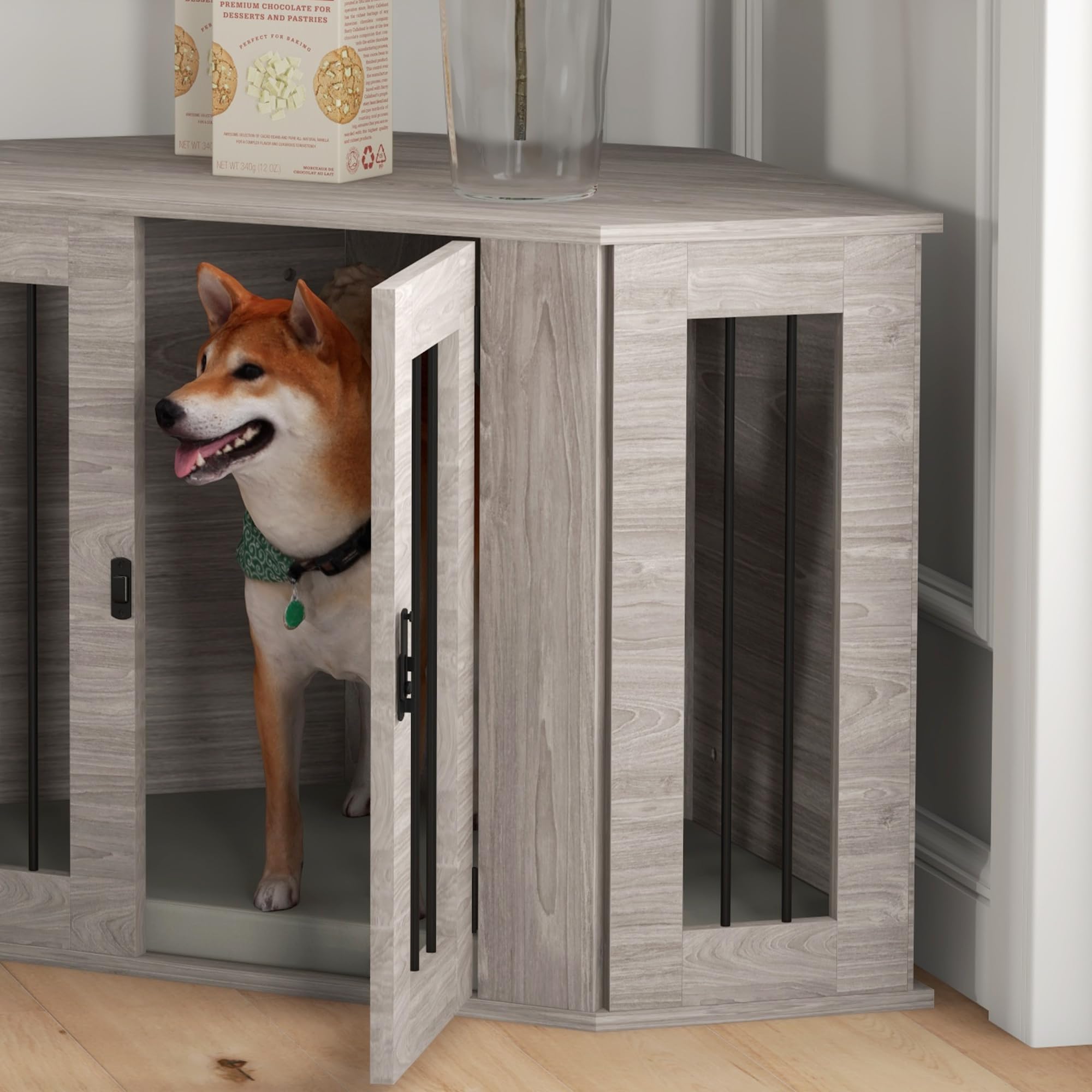Jaula para Perros PawHut, caseta Cuadrada para Perros con cojín, caseta para Perros con Cierre de Puerta, Jaula para Perros medianos, Nogal, 104 x 55 x 63 cm