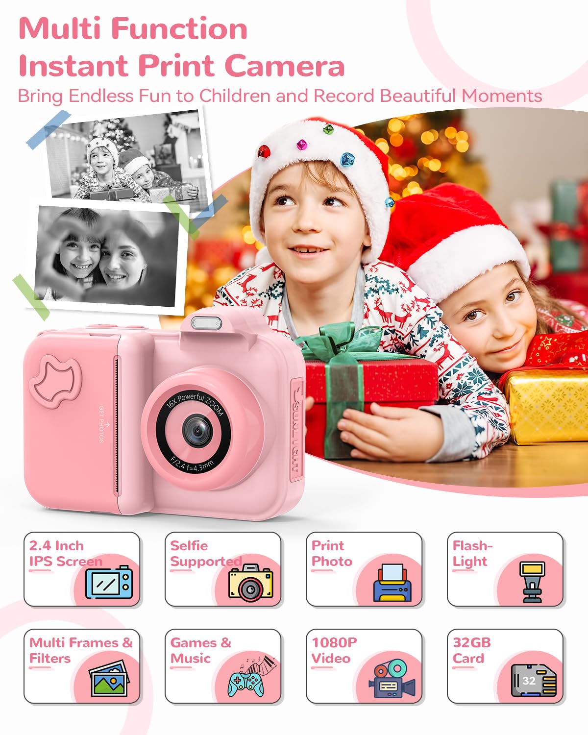 Camara Fotos Infantil Instantanea, 2,4'' Cámara Digital con Camara Dual, 24MP/1080P HD Video Cámara, Tarjeta 32GB, 5 Rollos Papel de Impresión, Regalos Juguete para Niños y Niñas de 3-8 Años Rosa