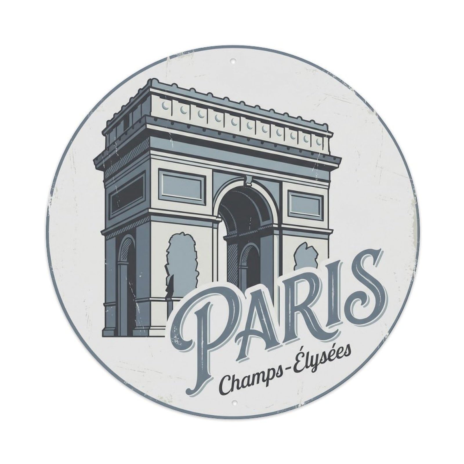Paris Champs Elysees Historic Tourism Classic Destination Metal Tin Sign Plaque Wall Decor for Cafe, Man Cave, Club Bar, Office, Home Garden Round Metal Poster 8x8Inch