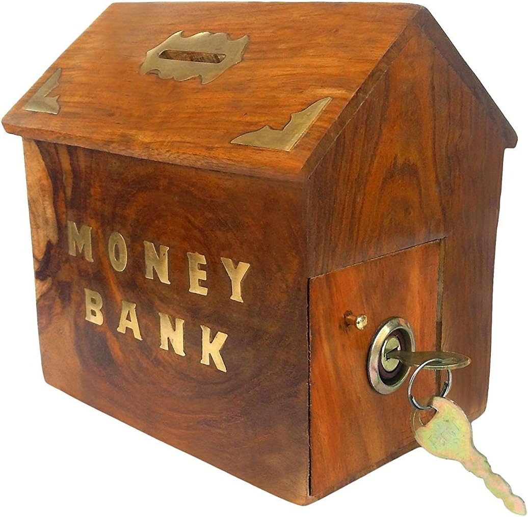 CRAFTKINGS Wooden Handicrafted hut Shaped Beautiful Piggy Bank (Brown)